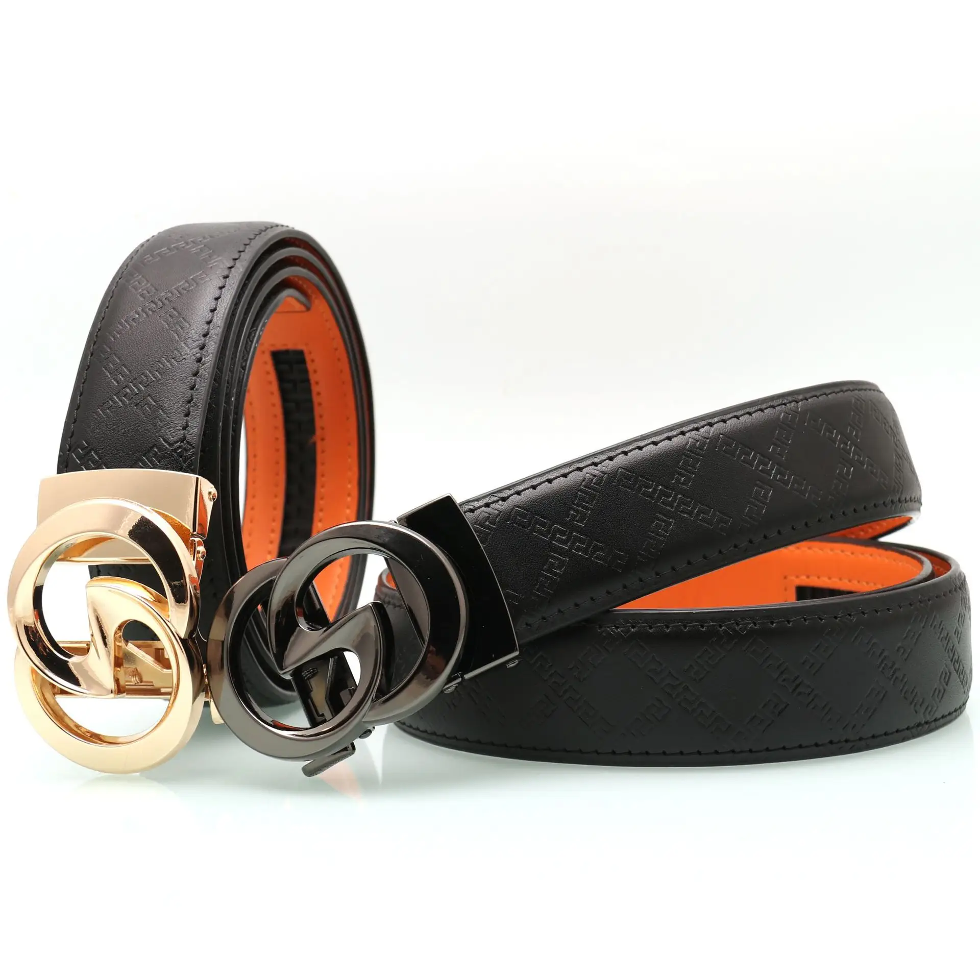 Men's Black Leather Belt with Gold Buckle & Orange Inner — feature 13