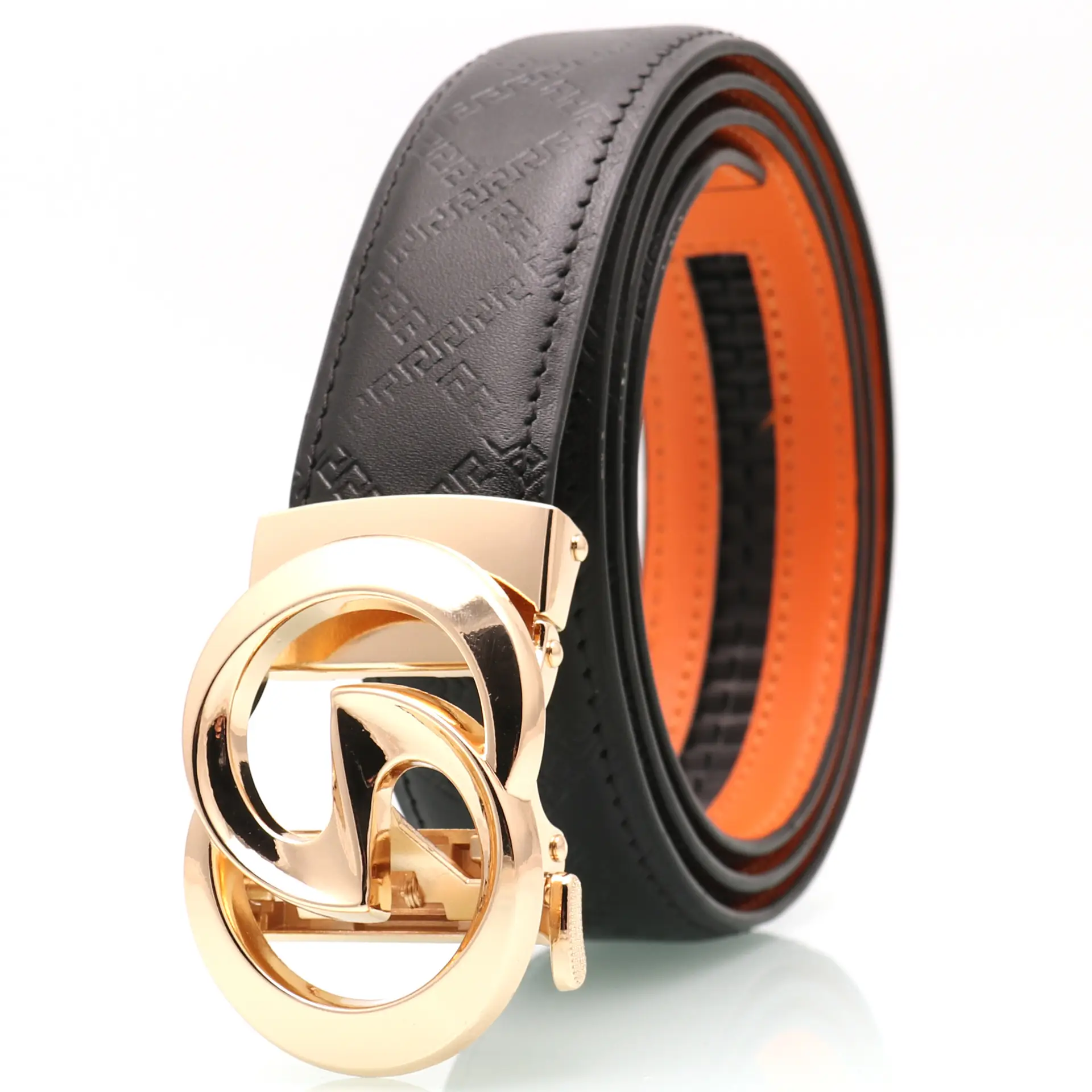Men's Black Leather Belt with Gold Buckle & Orange Inner — feature 14