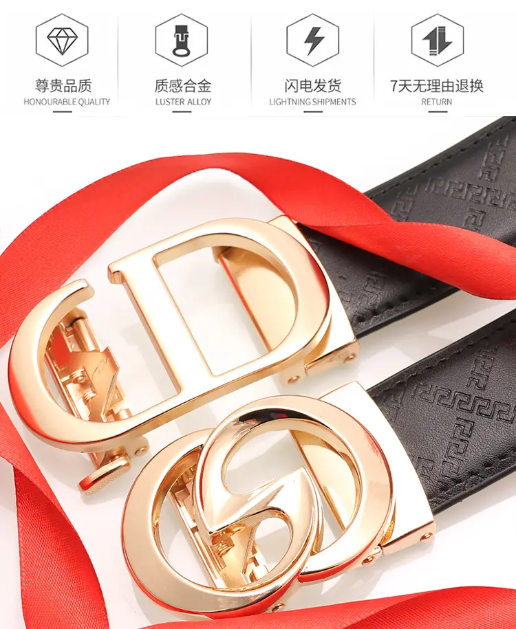 Men's Black Leather Belt with Gold Buckle & Orange Inner — feature 2
