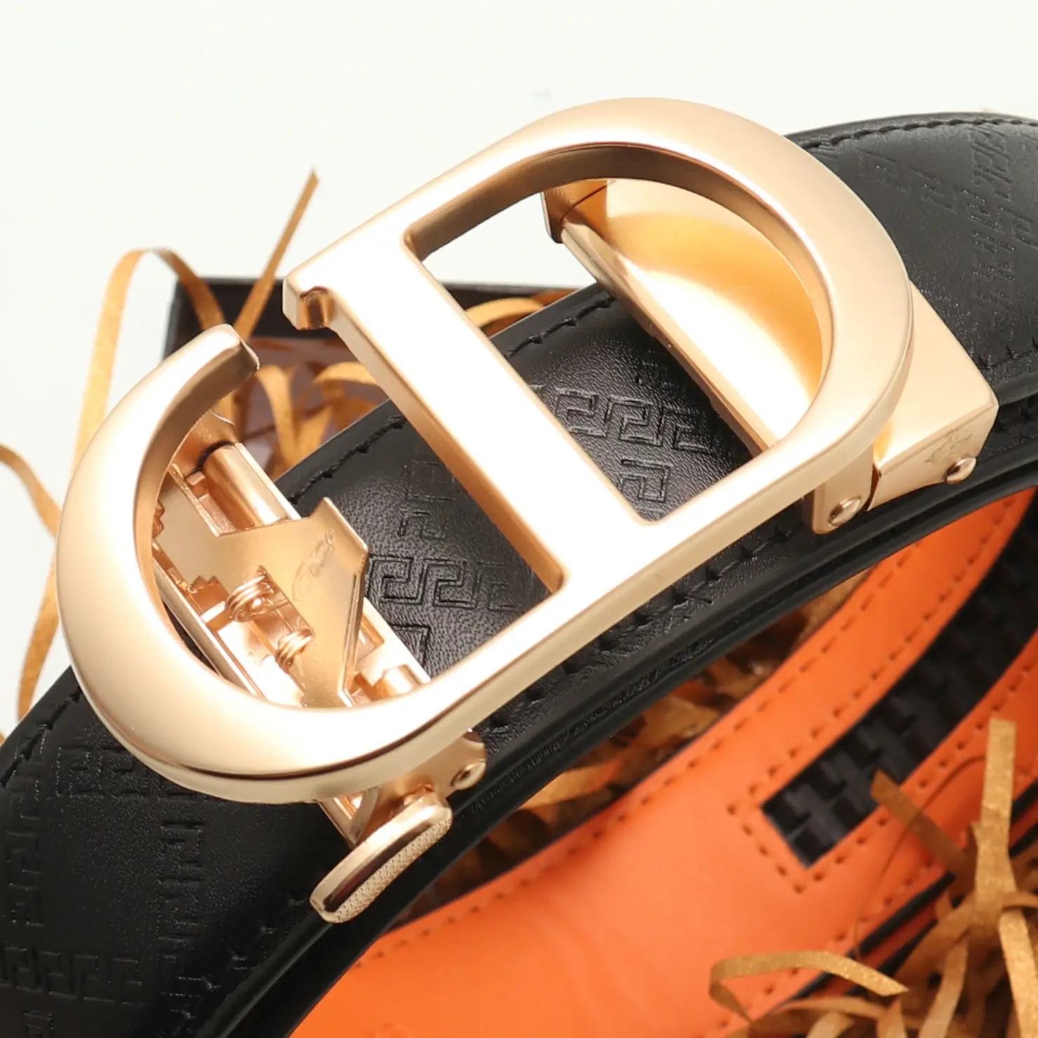 Men's Black Leather Belt with Gold Buckle & Orange Inner — feature 8