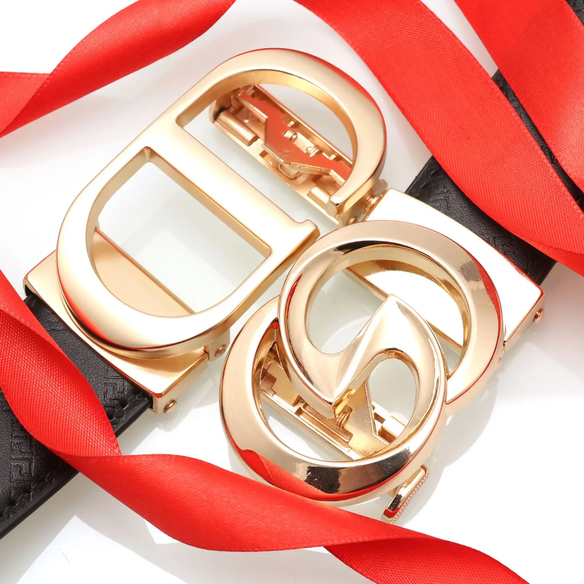 Men's Black Leather Belt with Gold Buckle & Orange Inner — feature 9