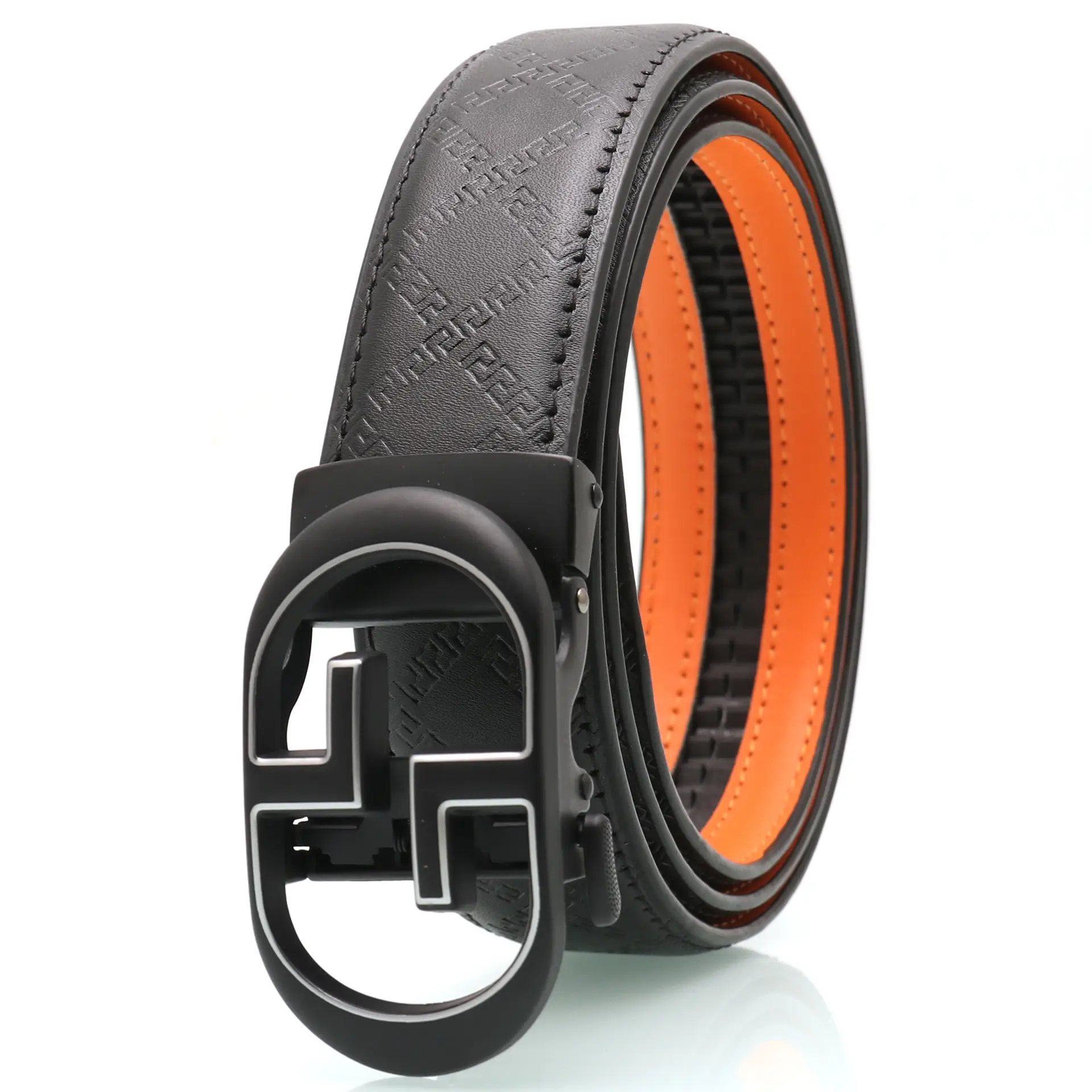 Men's Black Leather Belt with Gold Buckle & Orange Inner - Image 10