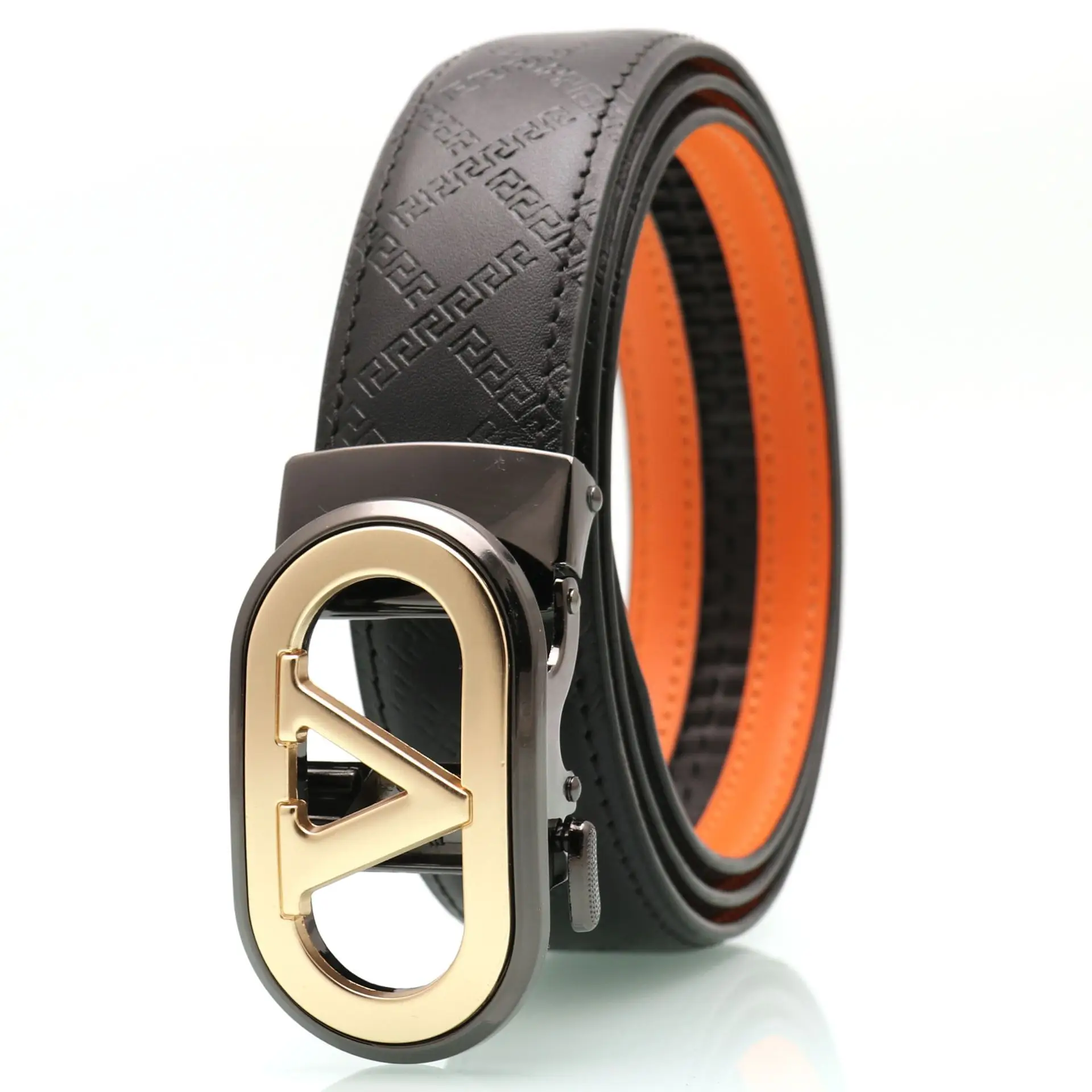 Men's Black Leather Belt with Gold Buckle & Orange Inner - Image 11