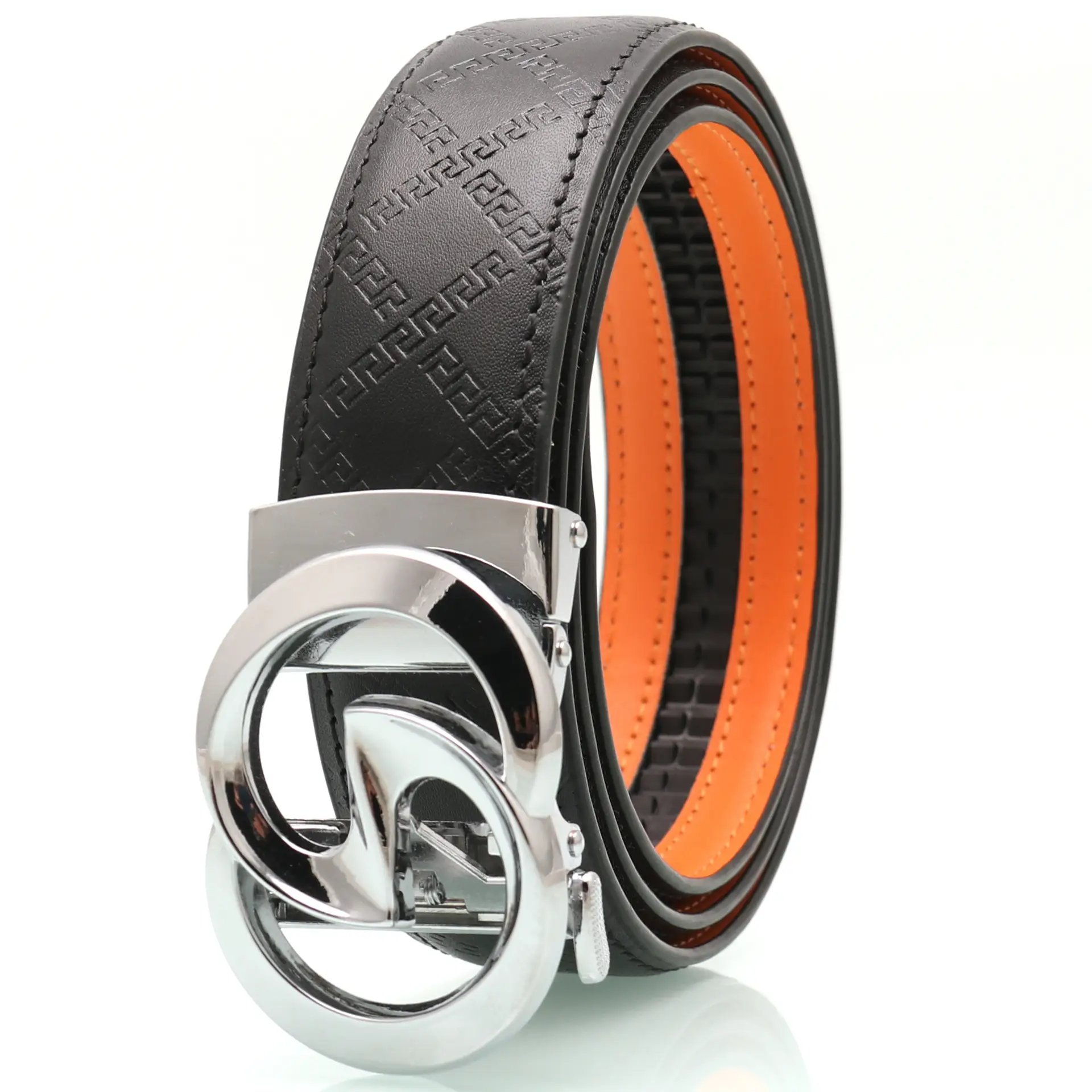 Men's Black Leather Belt with Gold Buckle & Orange Inner - Image 2