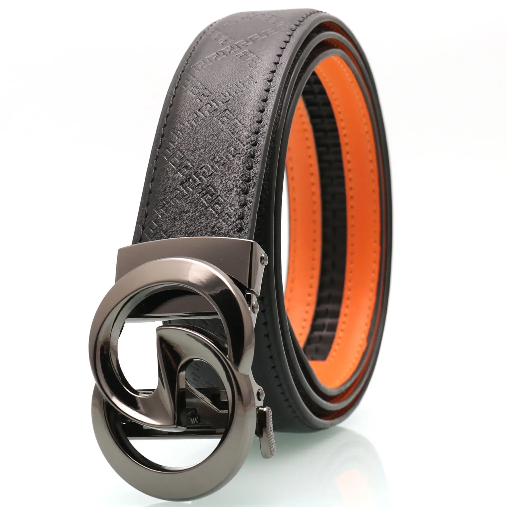 Men's Black Leather Belt with Gold Buckle & Orange Inner - Image 3