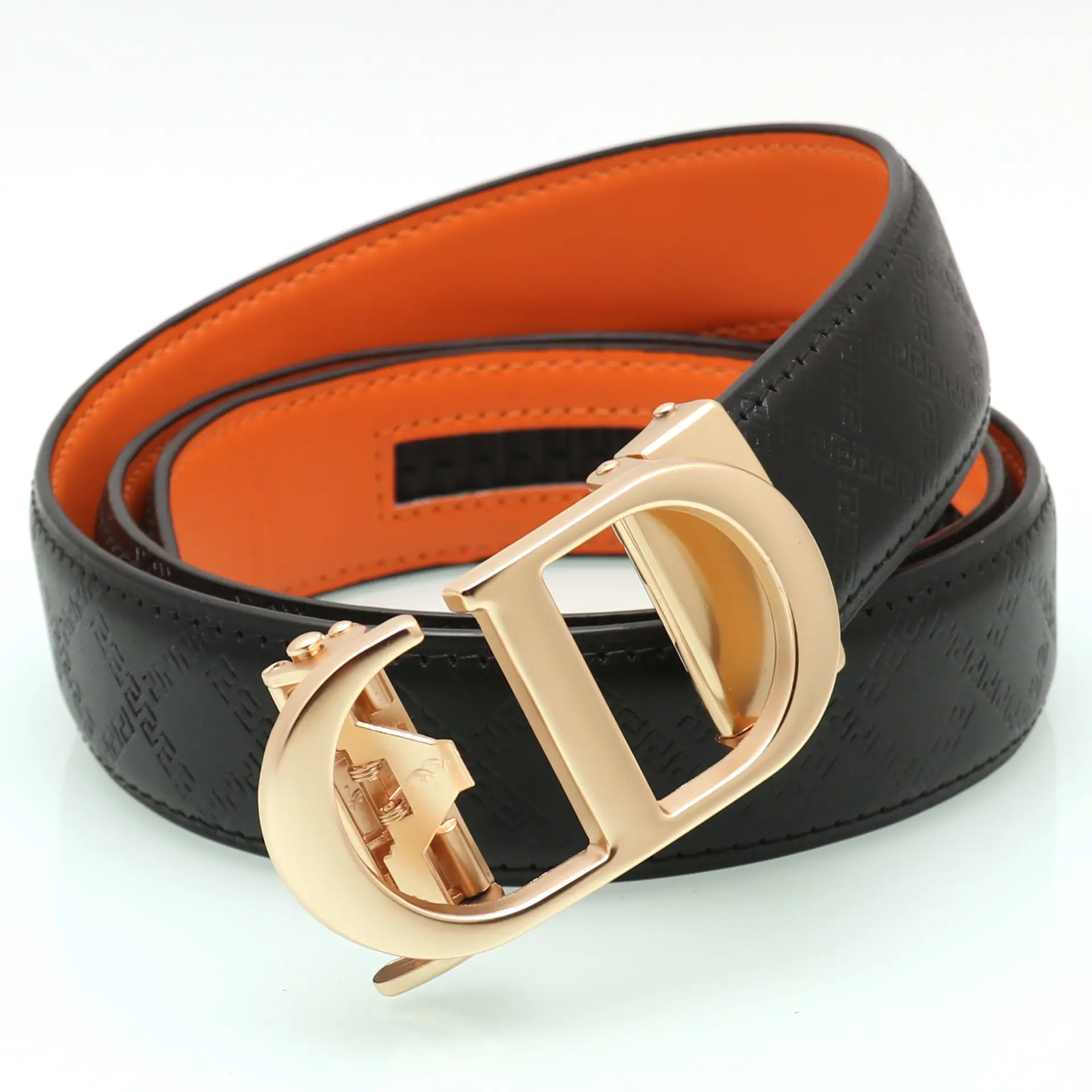 Men's Black Leather Belt with Gold Buckle & Orange Inner - Image 4