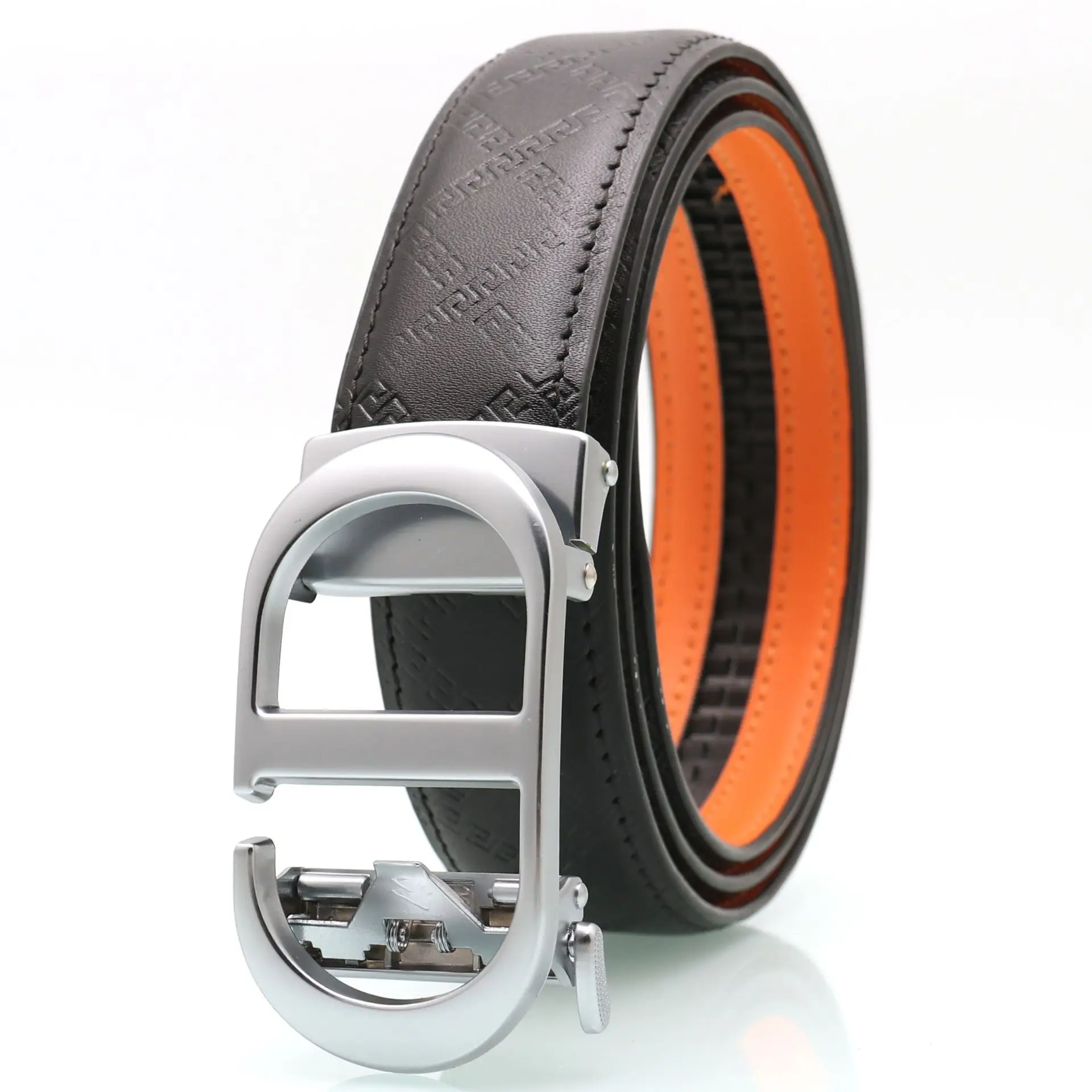 Men's Black Leather Belt with Gold Buckle & Orange Inner - Image 5