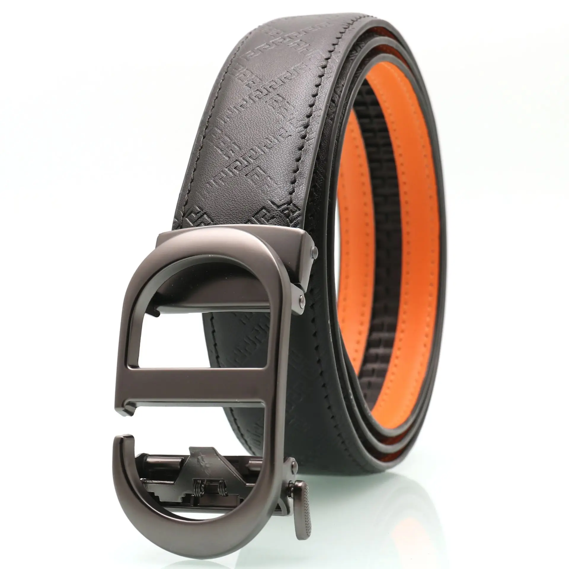 Men's Black Leather Belt with Gold Buckle & Orange Inner - Image 6