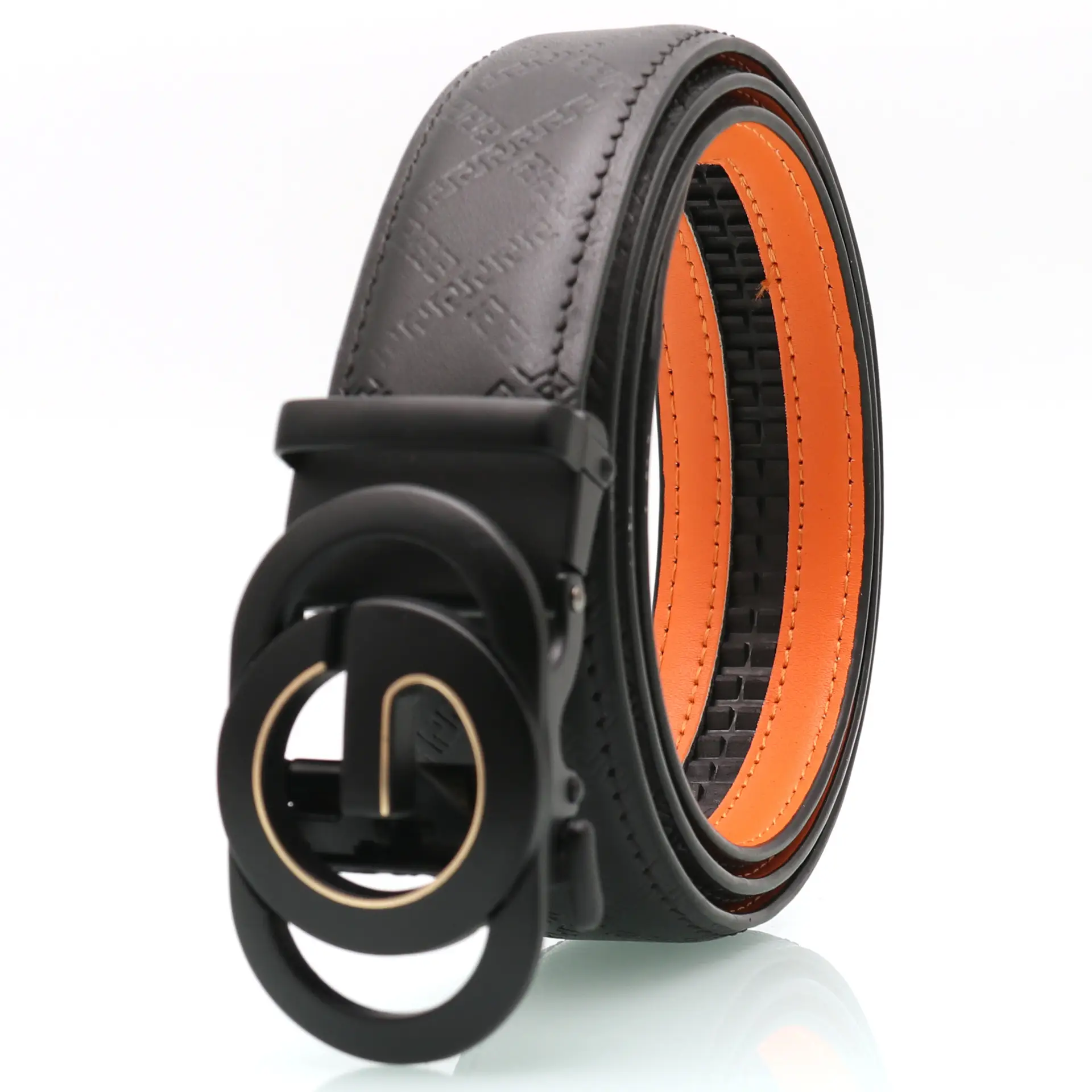 Men's Black Leather Belt with Gold Buckle & Orange Inner - Image 7