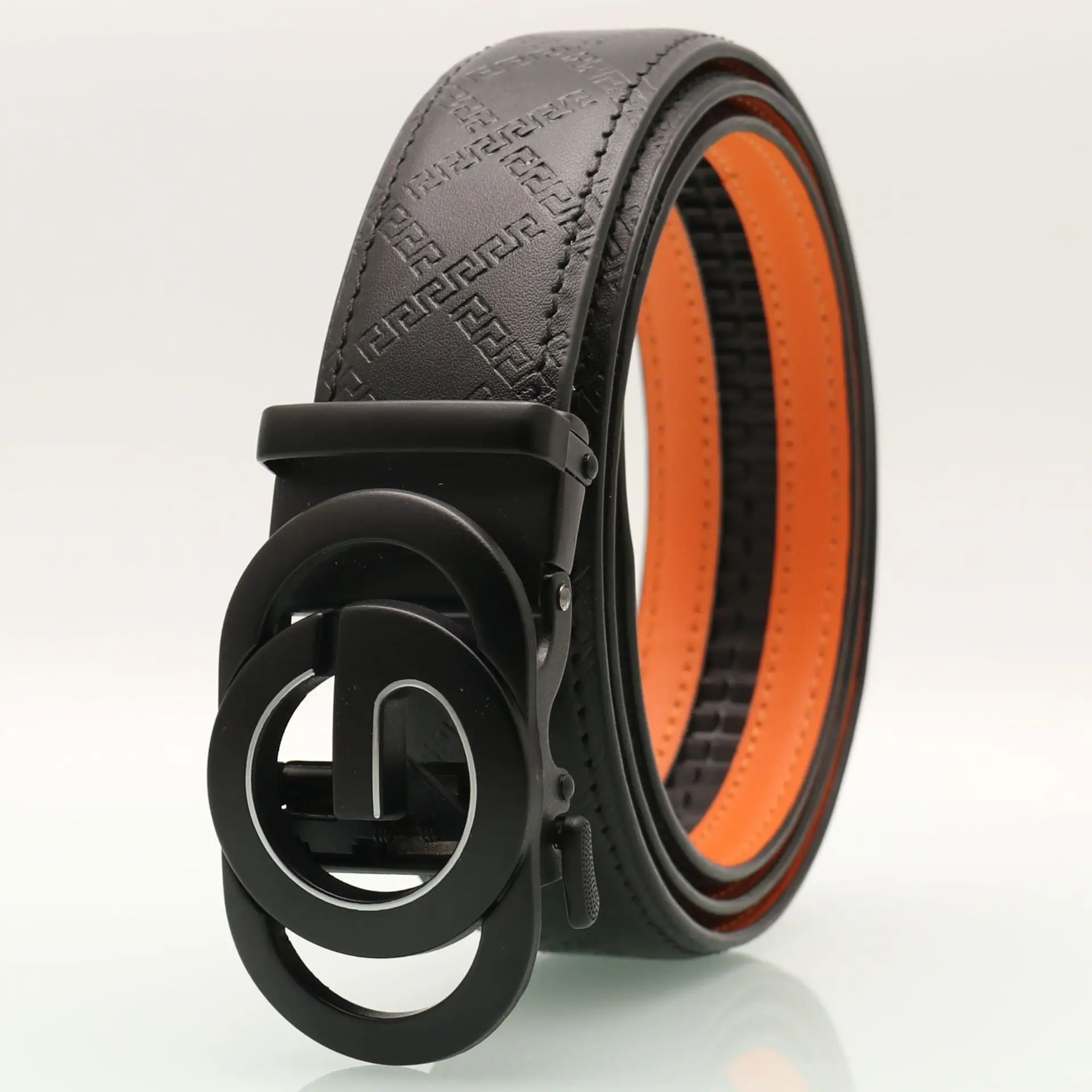 Men's Black Leather Belt with Gold Buckle & Orange Inner - Image 8