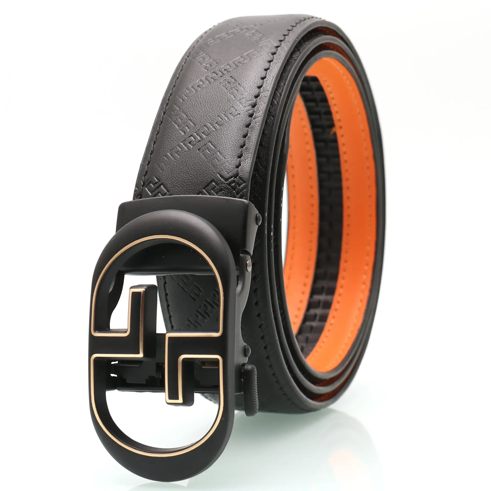 Men's Black Leather Belt with Gold Buckle & Orange Inner - Image 9