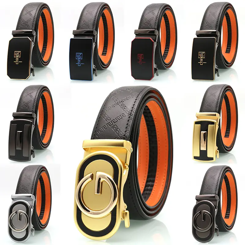 Men's Black Orange Leather Belt with Silver Buckle