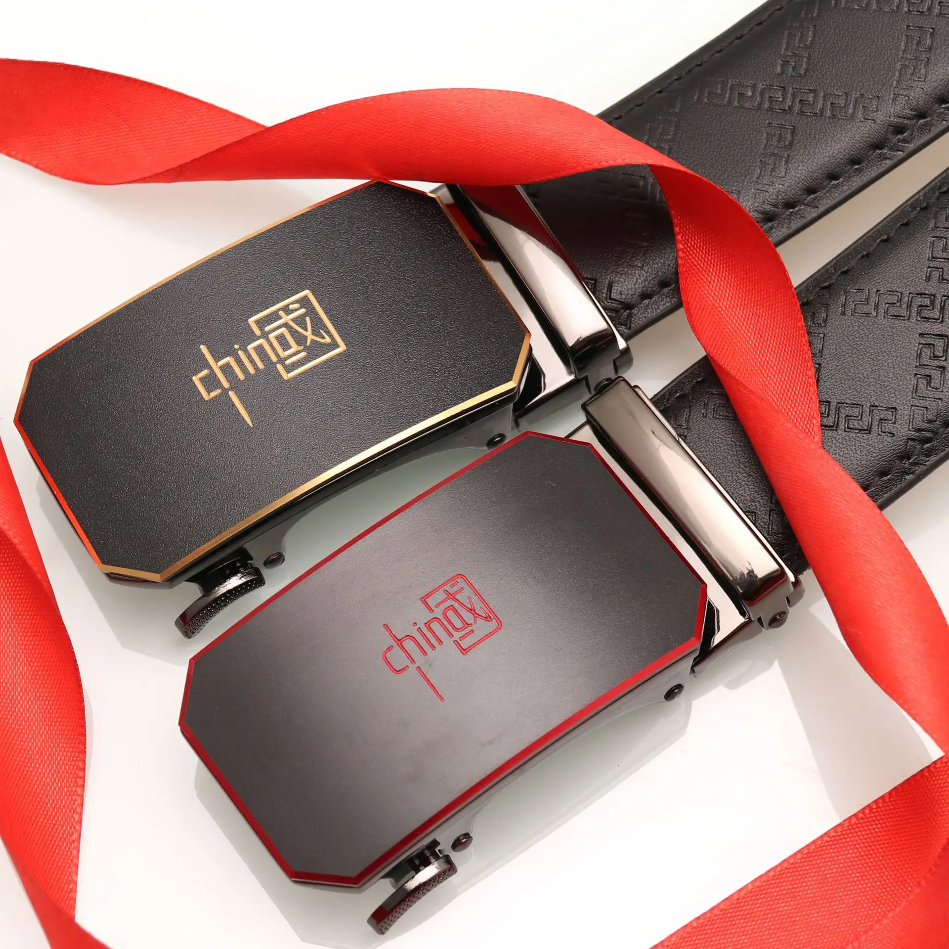 Men's Black Orange Leather Belt with Silver Buckle