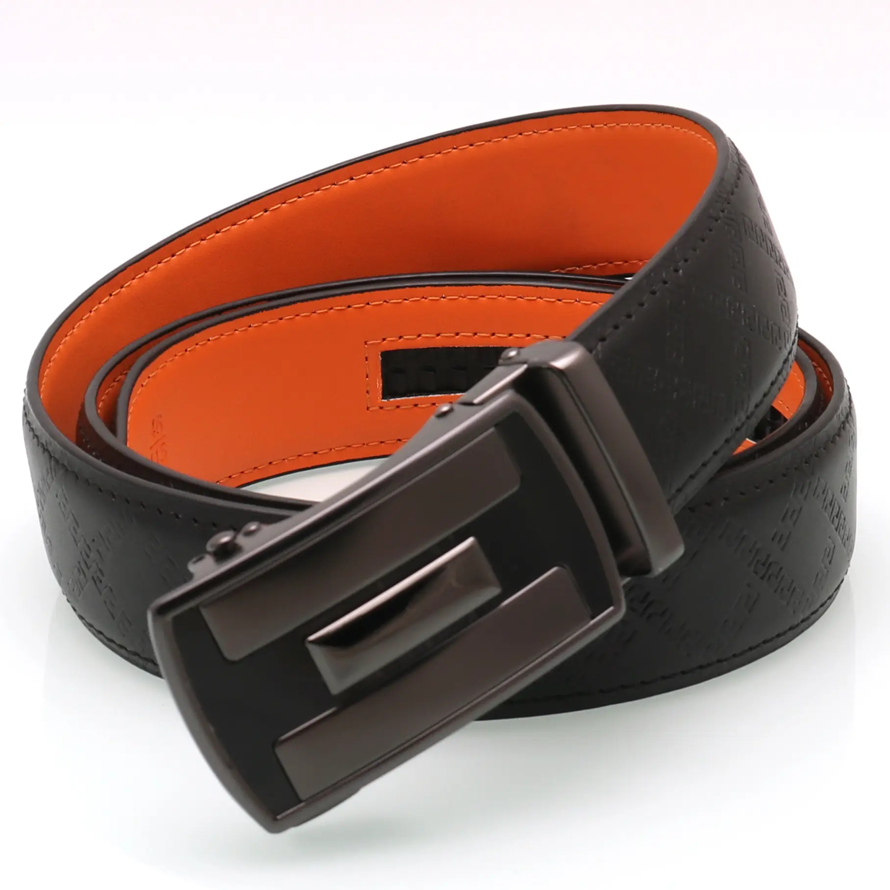 Men's Black Orange Leather Belt with Silver Buckle