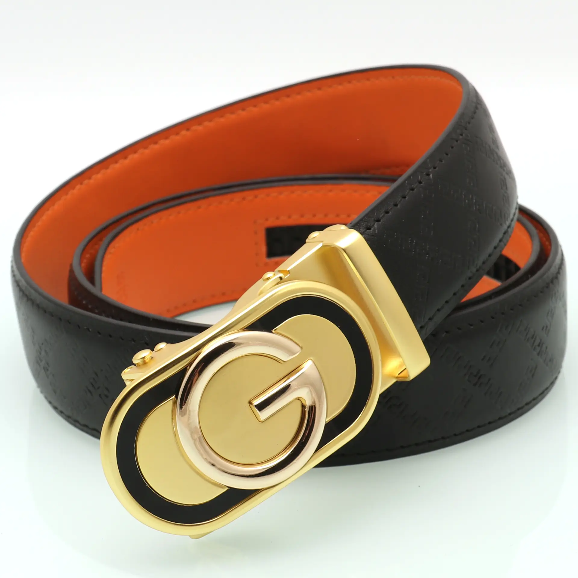 Men's Black Orange Leather Belt with Silver Buckle