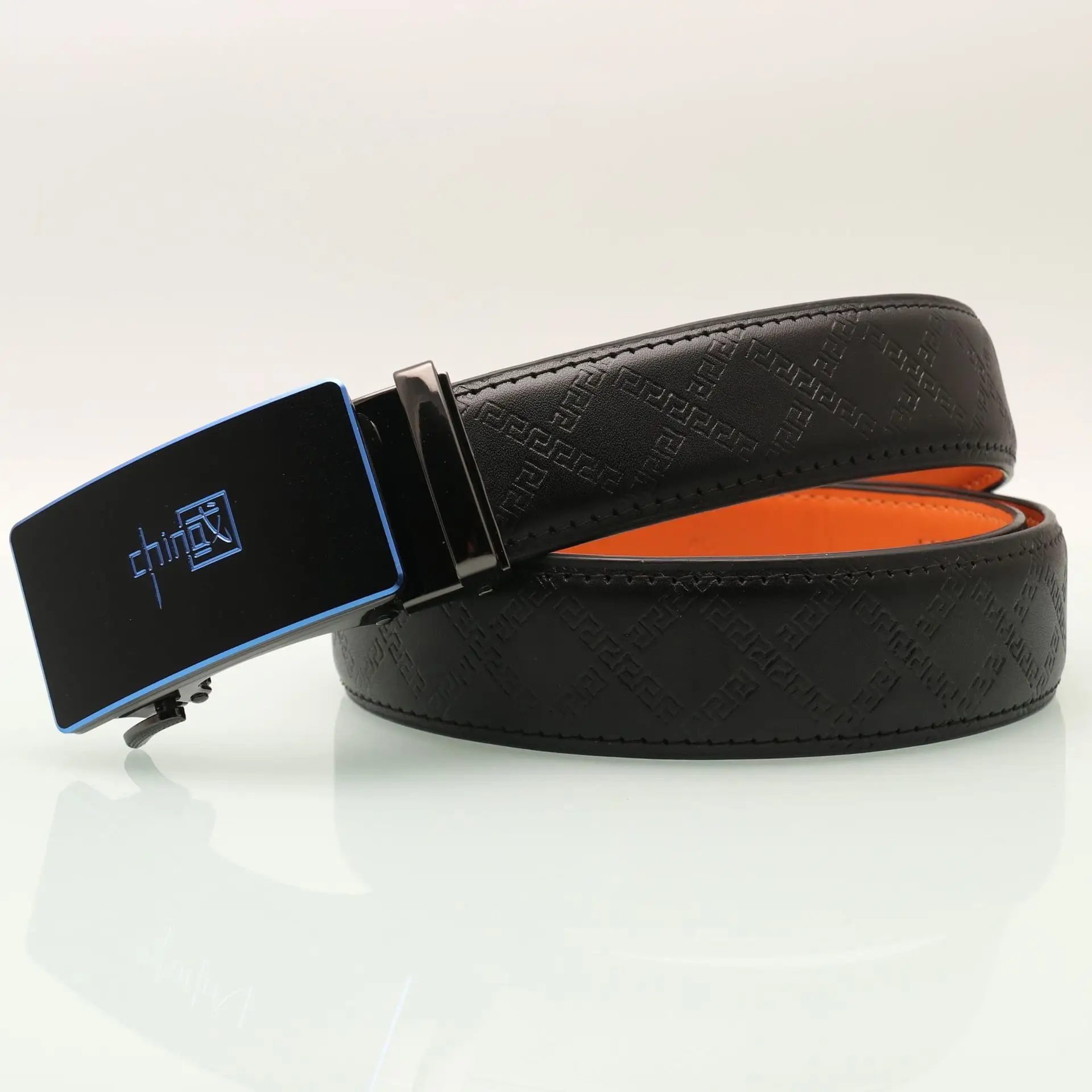 Men's Black Orange Leather Belt with Silver Buckle — feature 11