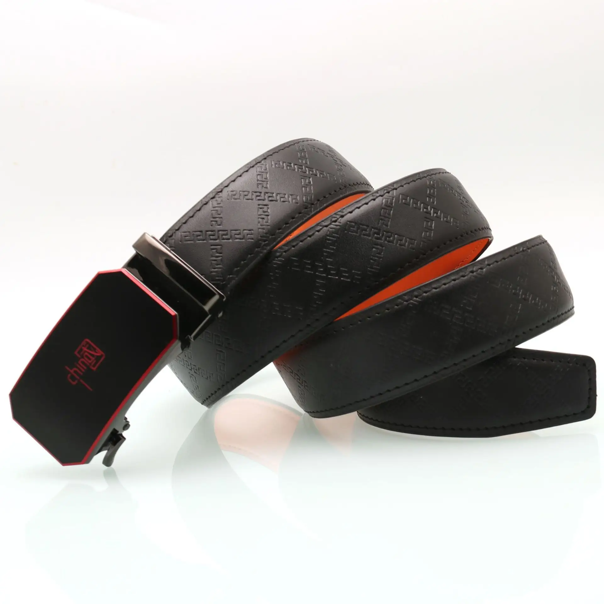 Men's Black Orange Leather Belt with Silver Buckle — feature 9