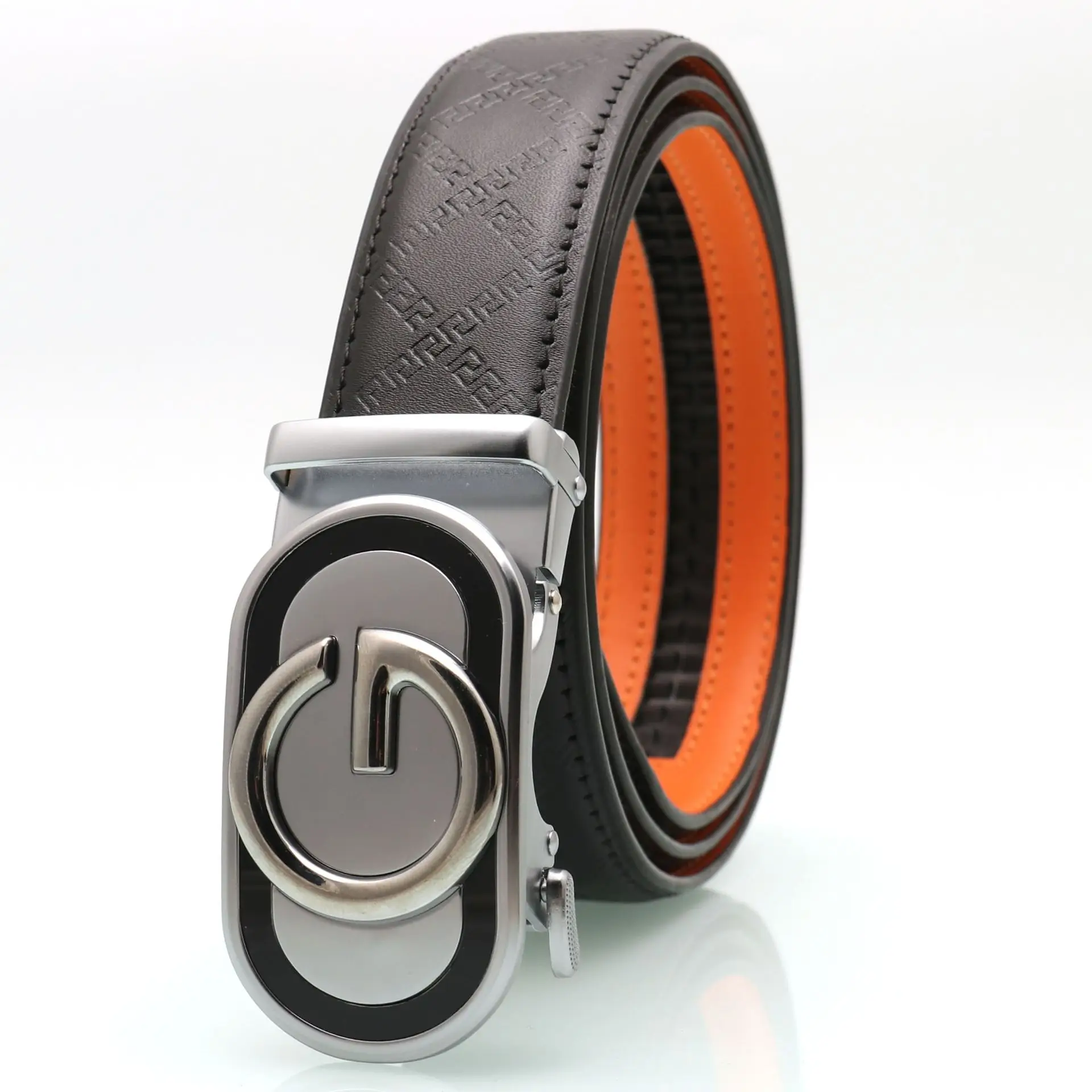Men's Black Orange Leather Belt with Silver Buckle