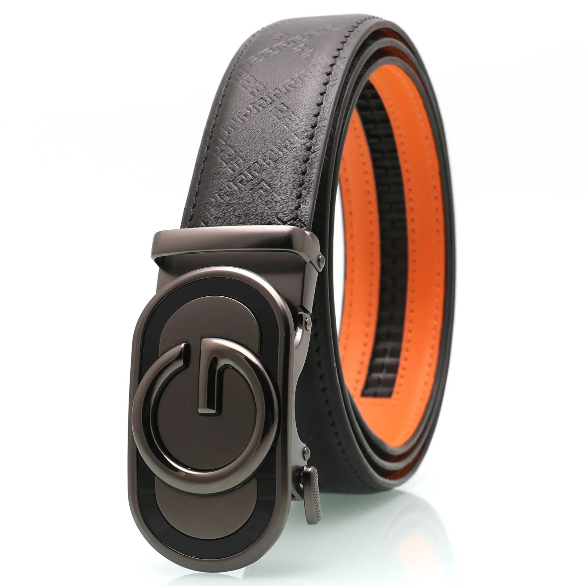 Men's Black Orange Leather Belt with Silver Buckle