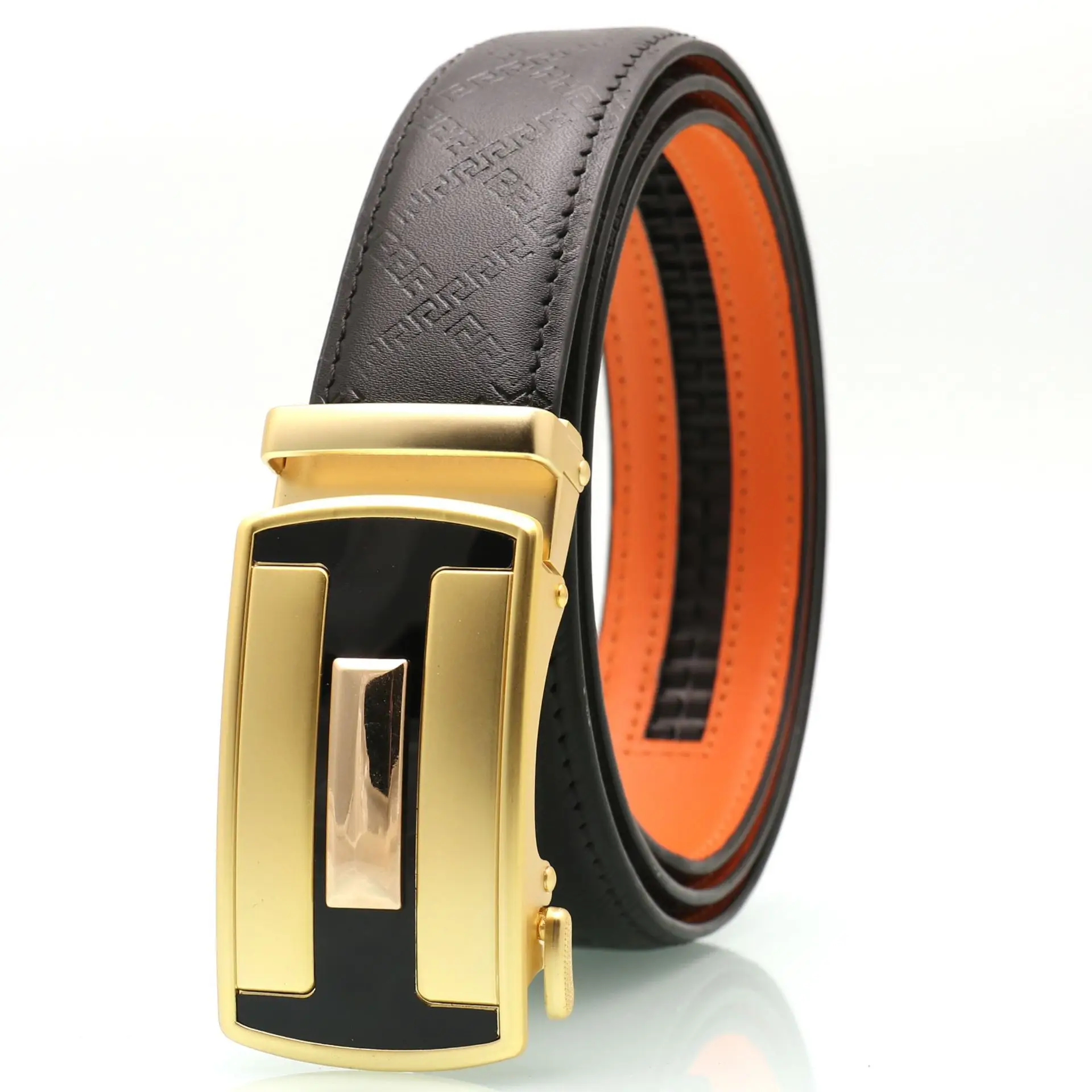 Men's Black Orange Leather Belt with Silver Buckle