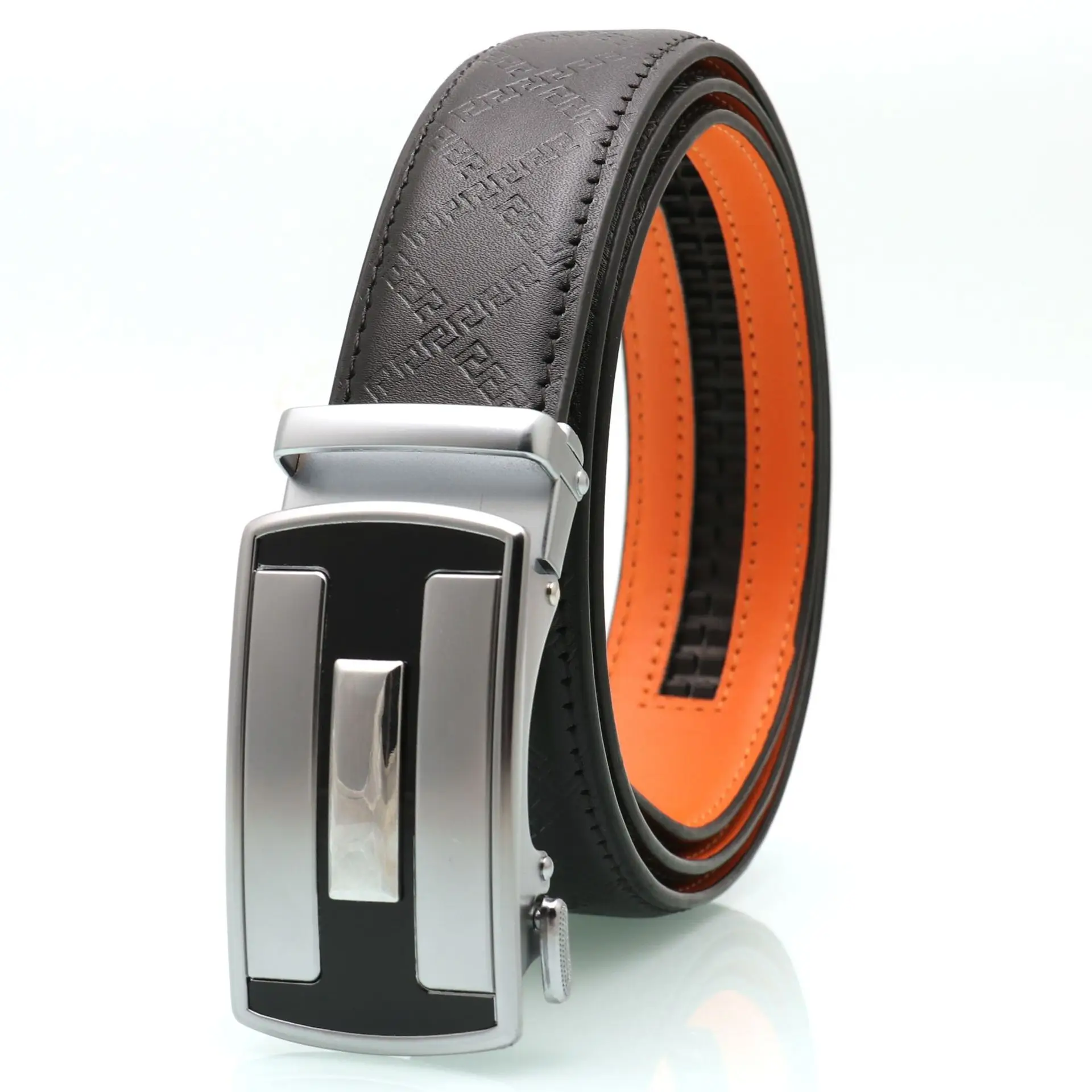 Men's Black Orange Leather Belt with Silver Buckle