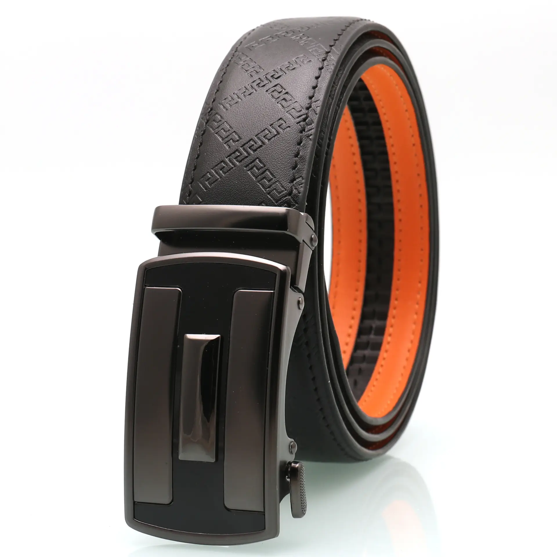 Men's Black Orange Leather Belt with Silver Buckle