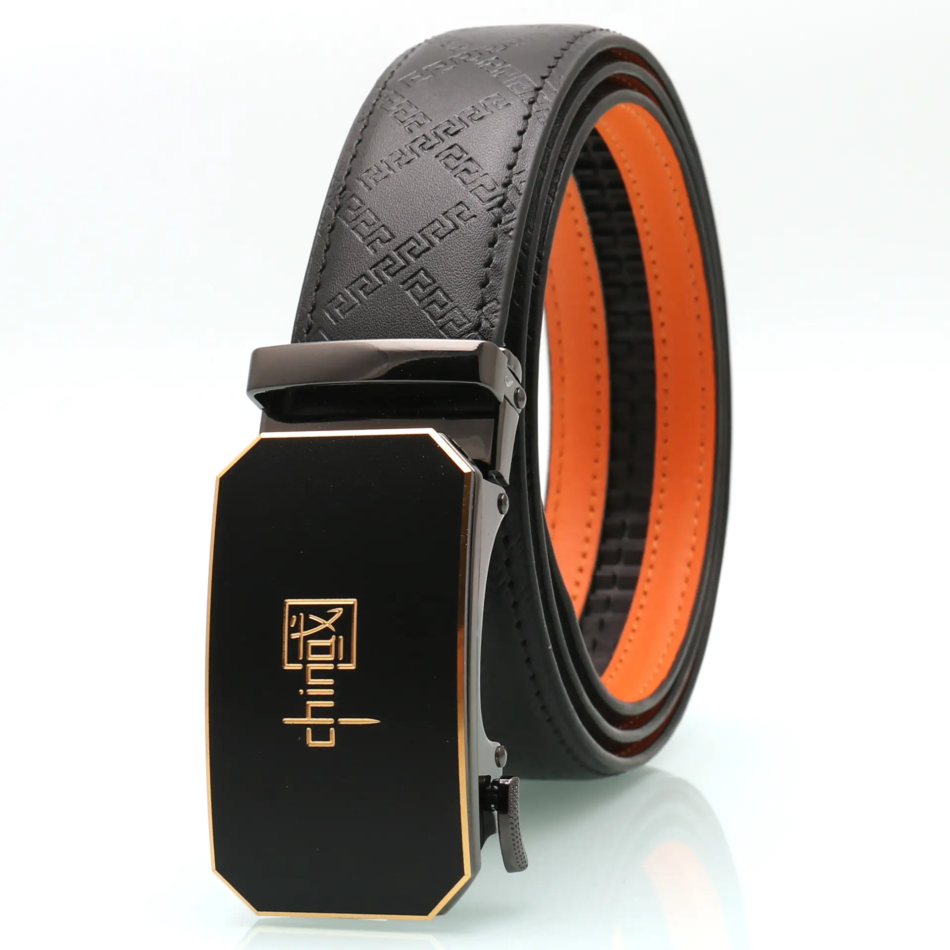 Men's Black Orange Leather Belt with Silver Buckle