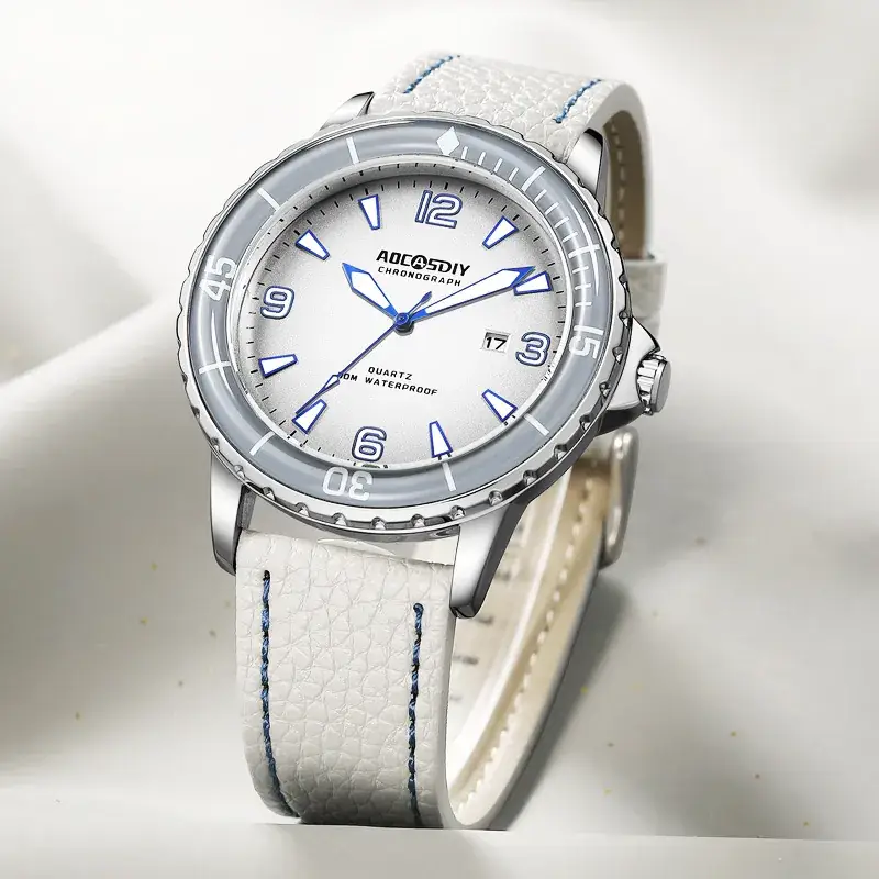 AOCASDIY Men's Quartz Watch Silver Dial Waterproof Large Dial