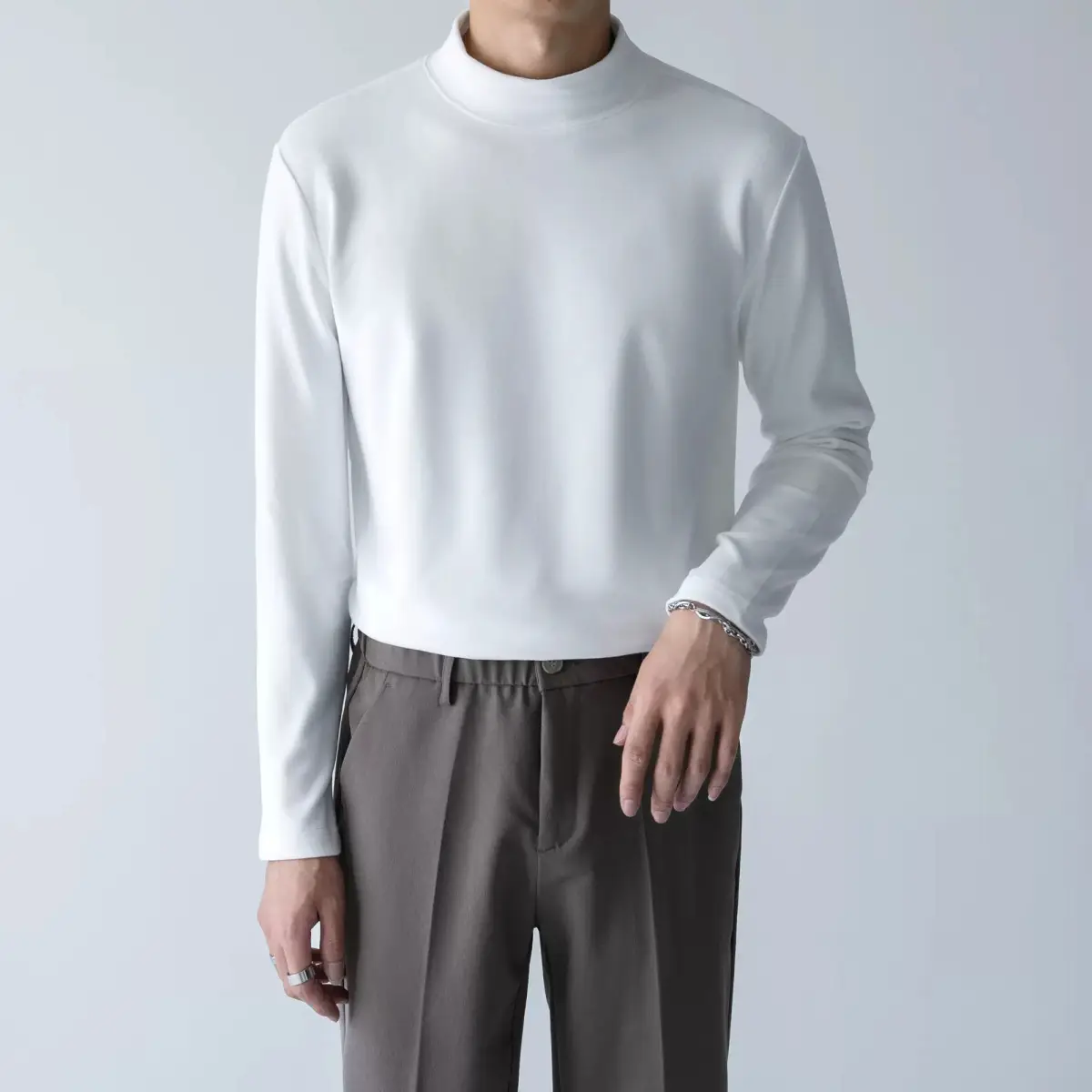 Men's White Fleece Warm T-Shirt Semi-high Collar Long Sleeve - Image 29