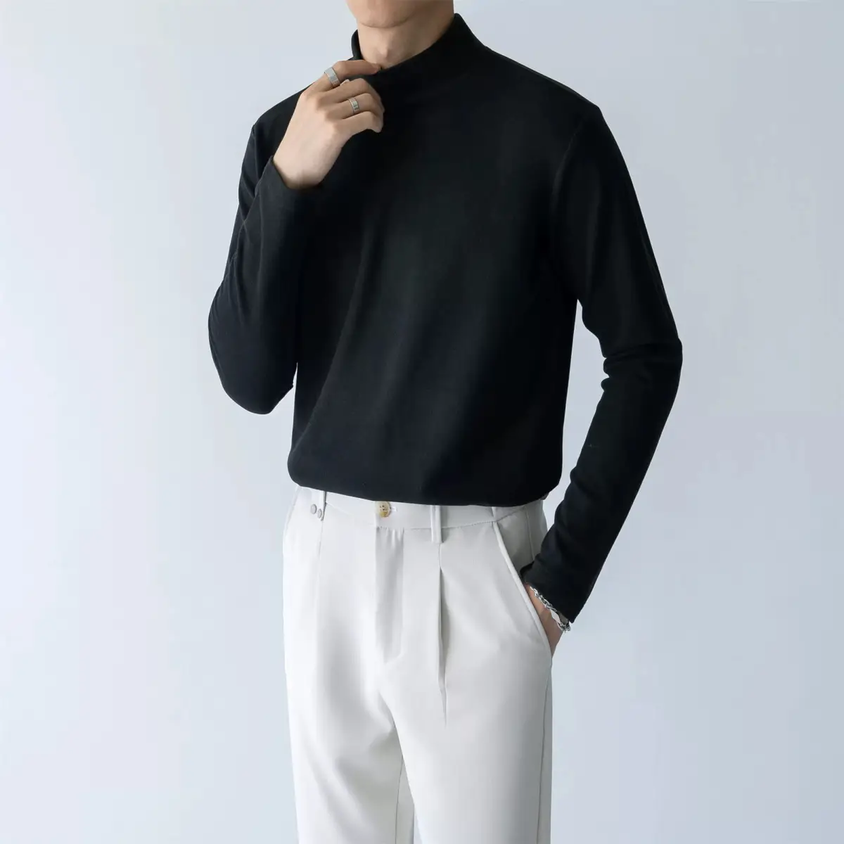 Men's White Fleece Warm T-Shirt Semi-high Collar Long Sleeve - Image 30