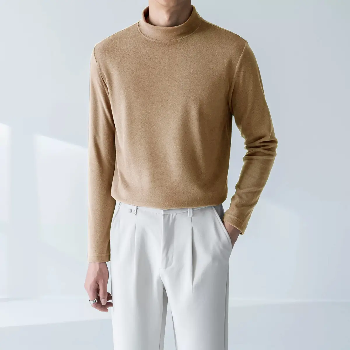 Men's White Fleece Warm T-Shirt Semi-high Collar Long Sleeve - Image 31