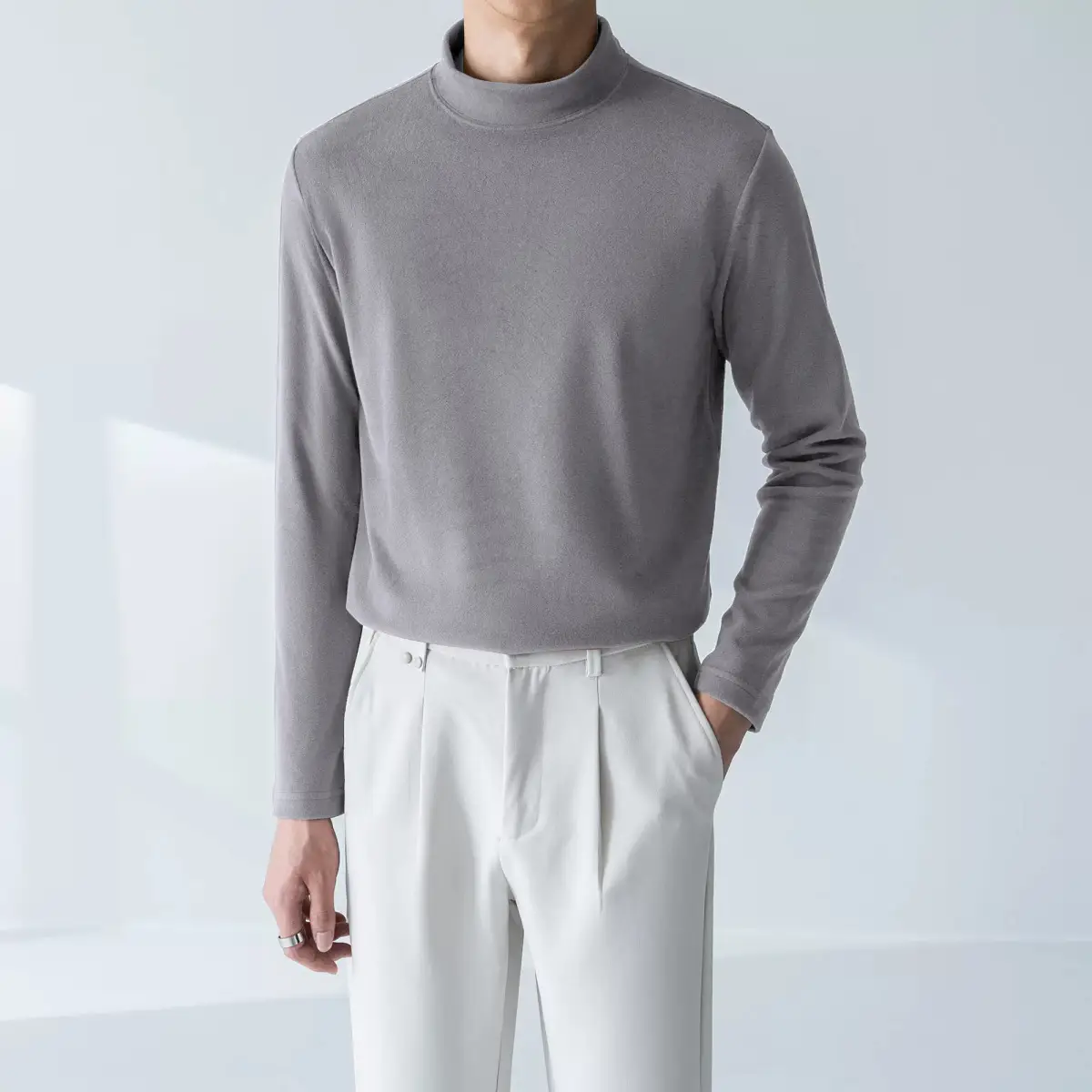 Men's White Fleece Warm T-Shirt Semi-high Collar Long Sleeve - Image 32