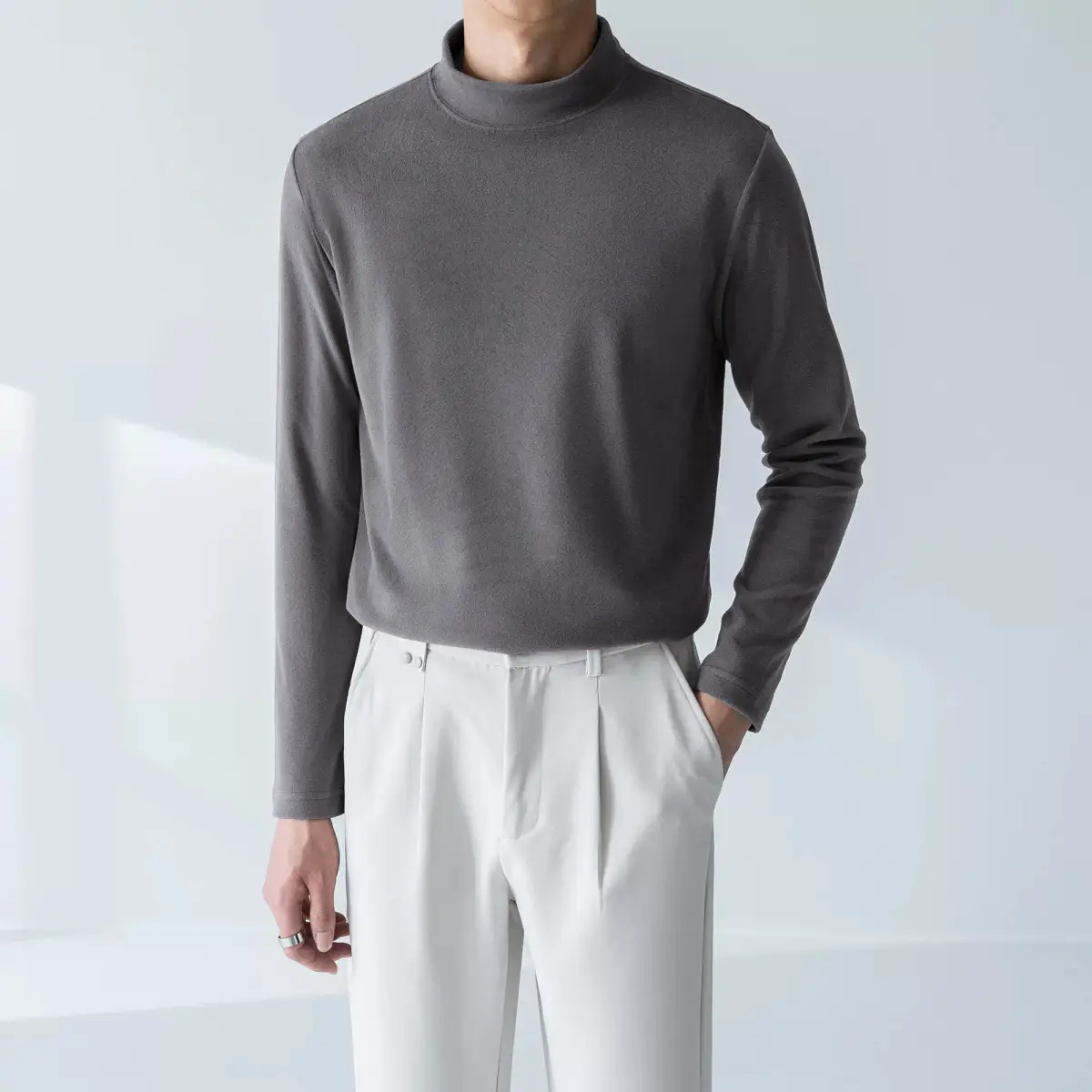 Men's White Fleece Warm T-Shirt Semi-high Collar Long Sleeve — feature 17