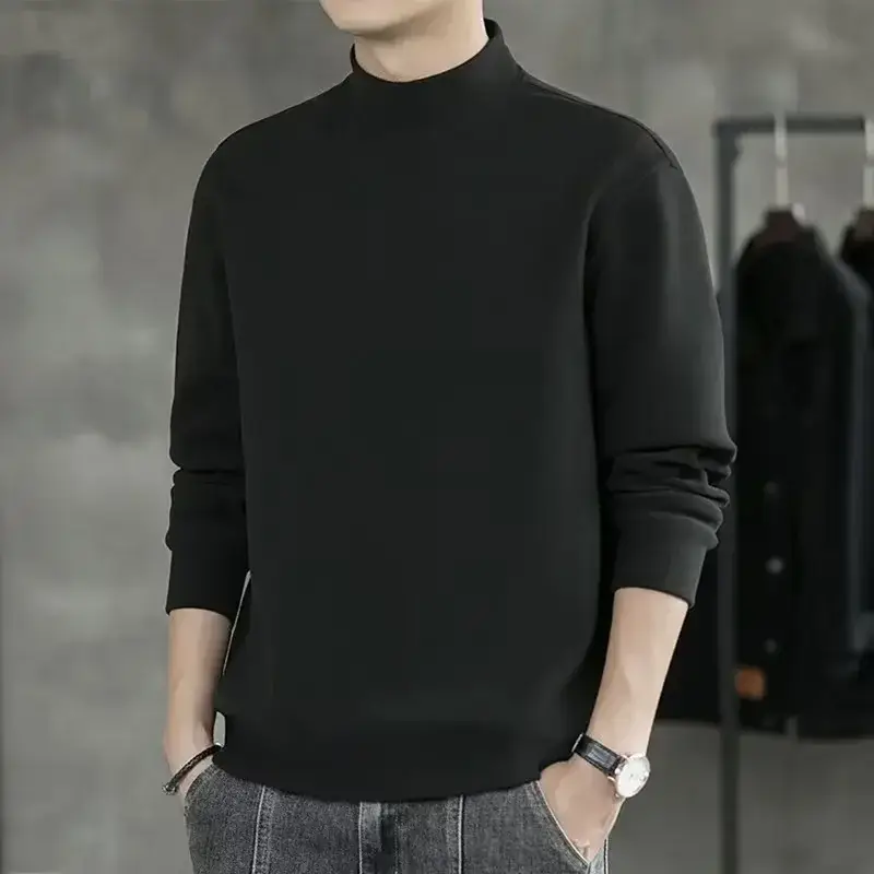 Men's White Fleece Warm T-Shirt Semi-high Collar Long Sleeve - Image 14