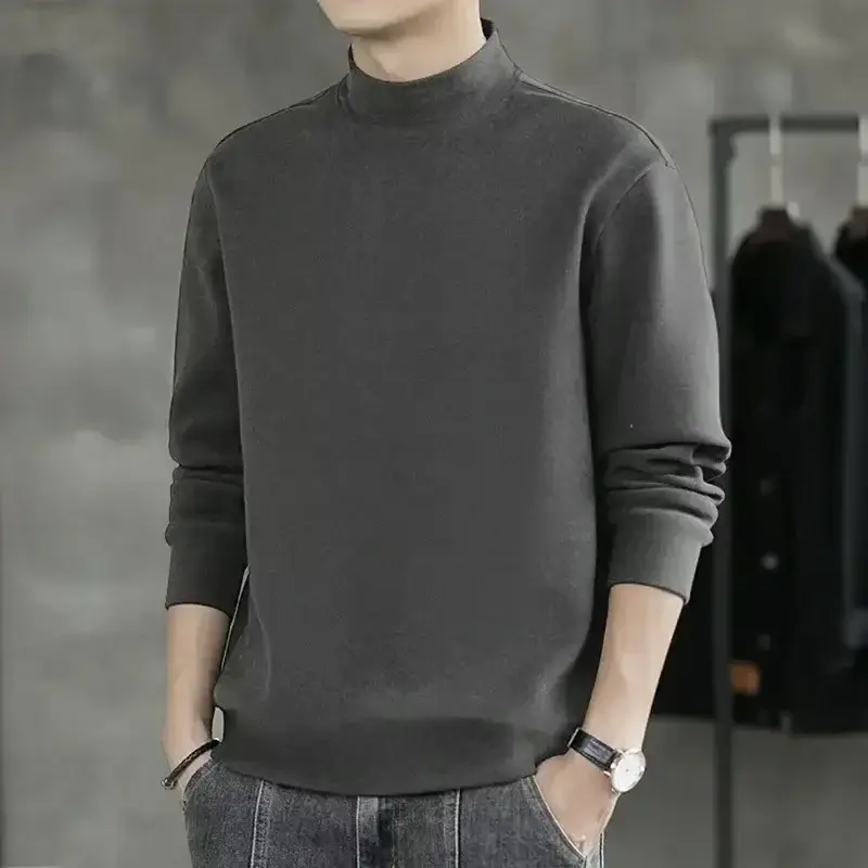 Men's White Fleece Warm T-Shirt Semi-high Collar Long Sleeve - Image 20