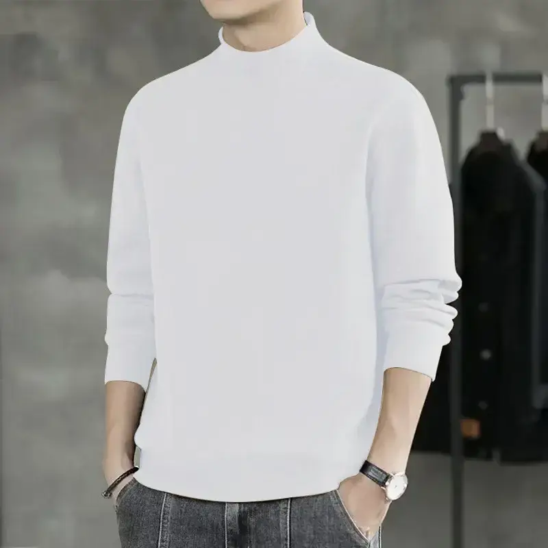Men's White Fleece Warm T-Shirt Semi-high Collar Long Sleeve - Image 7