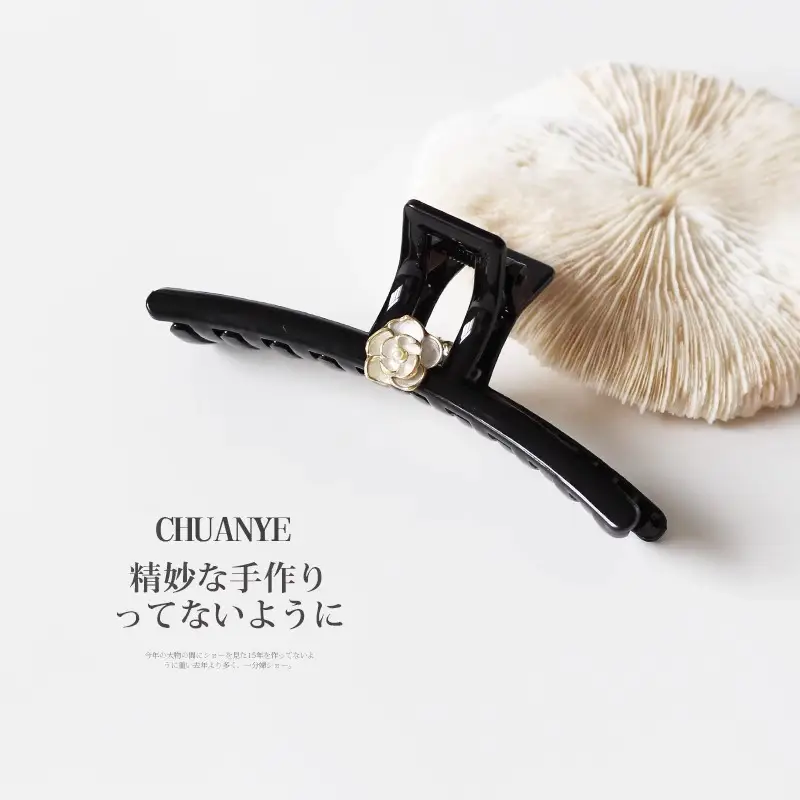 Black Camellia Hairpin with Pearl Accent - Image 4