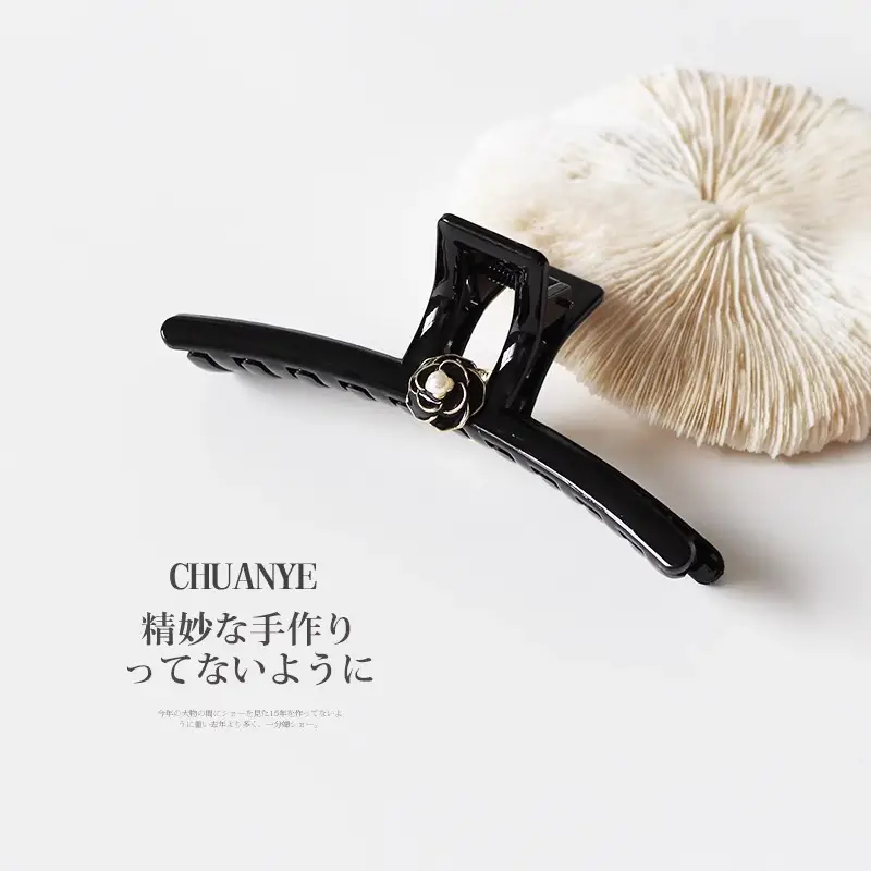 Black Camellia Hairpin with Pearl Accent - Image 5