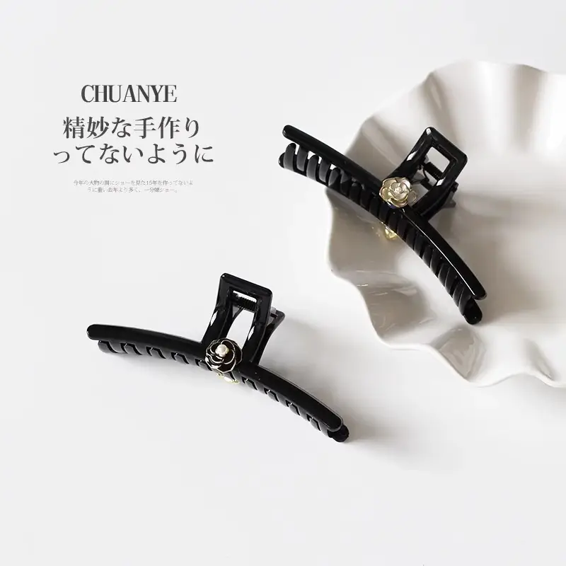 Black Camellia Hairpin with Pearl Accent - Image 6