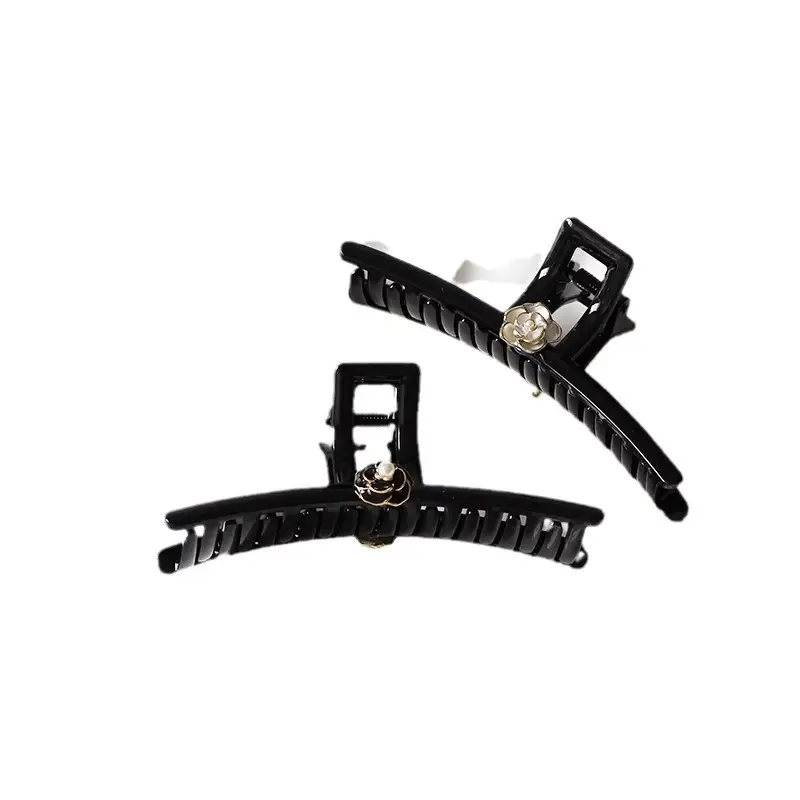 Black Camellia Hairpin with Pearl Accent - Image 7
