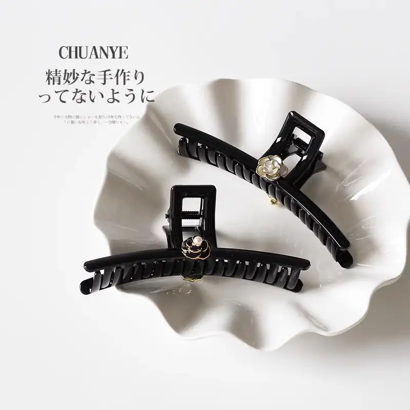 Black Camellia Hairpin with Pearl Accent — feature 10