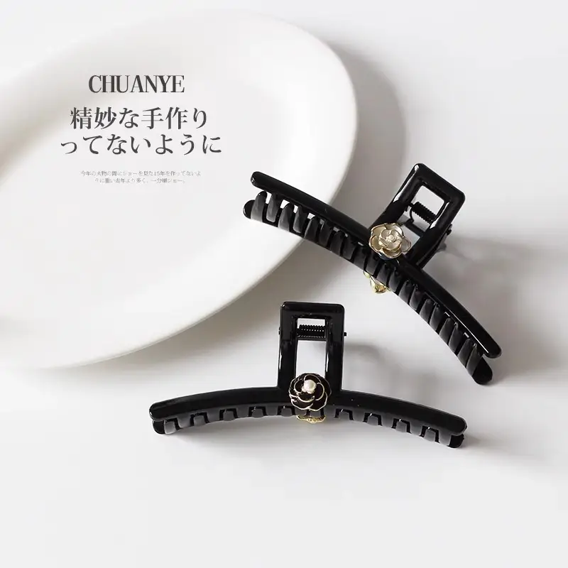 Black Camellia Hairpin with Pearl Accent — feature 13