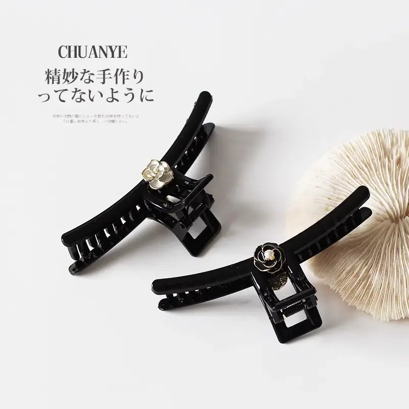 Black Camellia Hairpin with Pearl Accent — feature 14