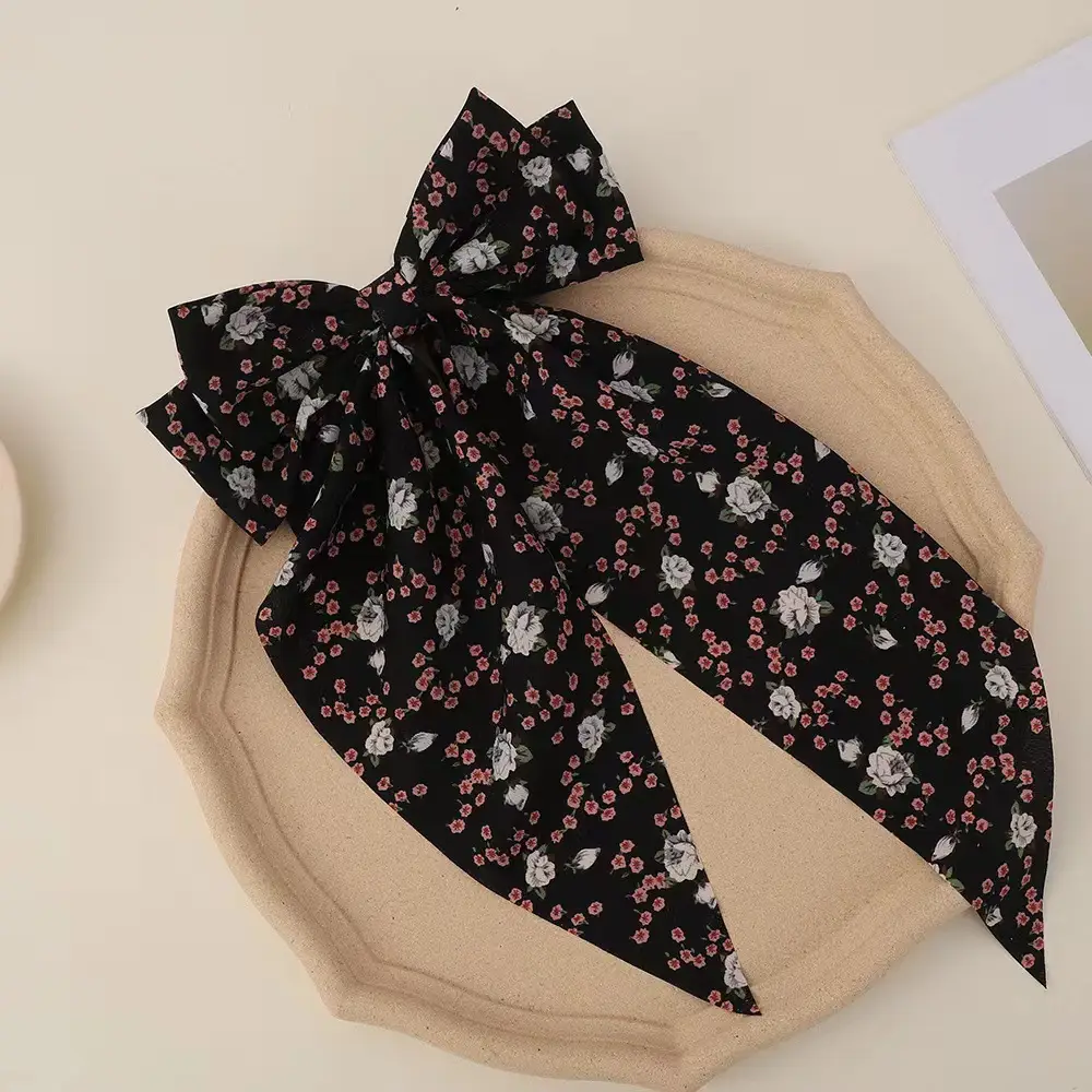 Black Floral Hairpin with Long Ribbon for Secure Hair Styling - Image 2