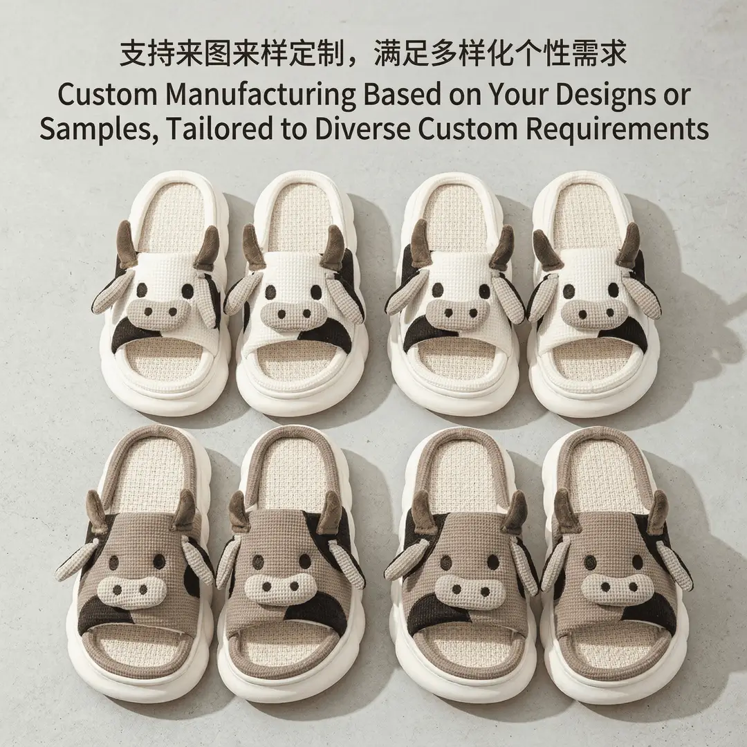 In-Stock Cartoon Cow Cotton Slippers, Amazon's Best-Selling Cotton Slippers, Custom Home Linen Slippers, Wholesale European and American Fashion