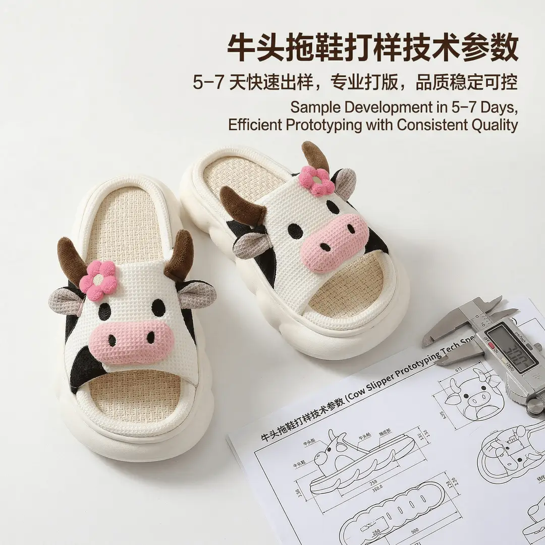 In-Stock Cartoon Cow Cotton Slippers, Amazon's Best-Selling Cotton Slippers, Custom Home Linen Slippers, Wholesale European and American Fashion