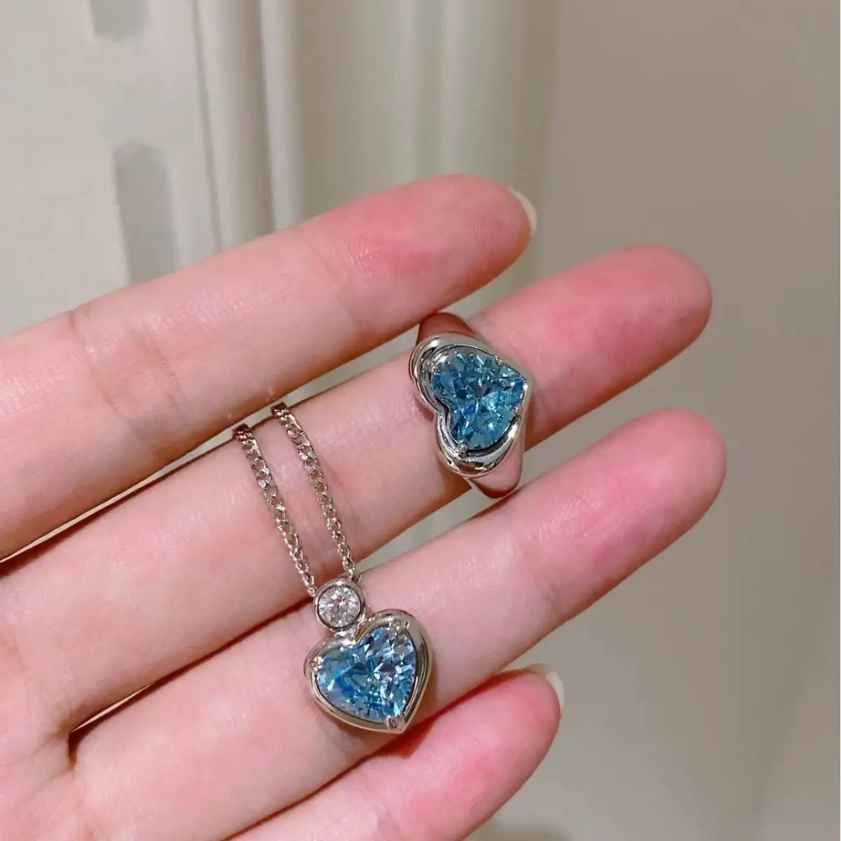 Heart Shaped Blue Diamond Necklace & Ring Set for Women - Image 4