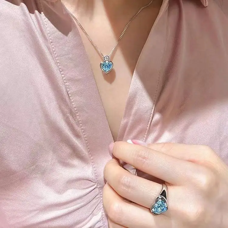 Heart Shaped Blue Diamond Necklace & Ring Set for Women - Image 5