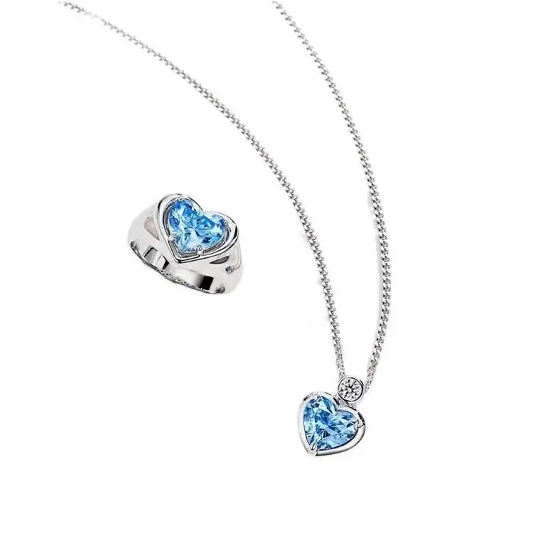 Heart Shaped Blue Diamond Necklace & Ring Set for Women - Image 6