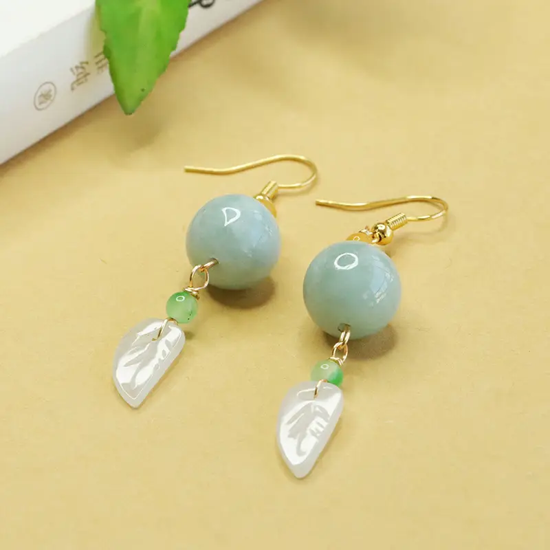 Aiyu Jade Leaf Earrings Green Leaf Drop Design - Image 4